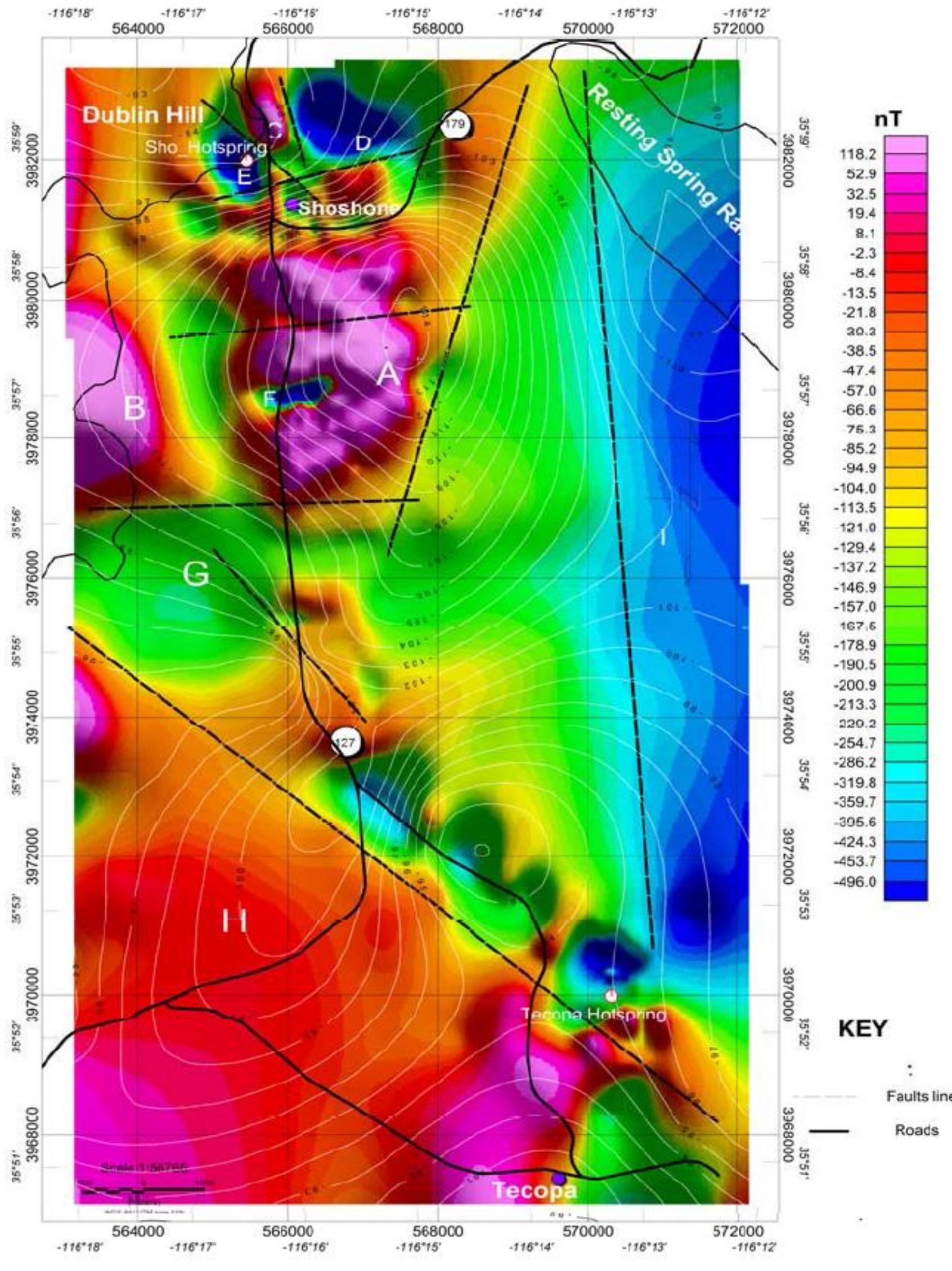 Reduce to pole magnetic map showing the variation of