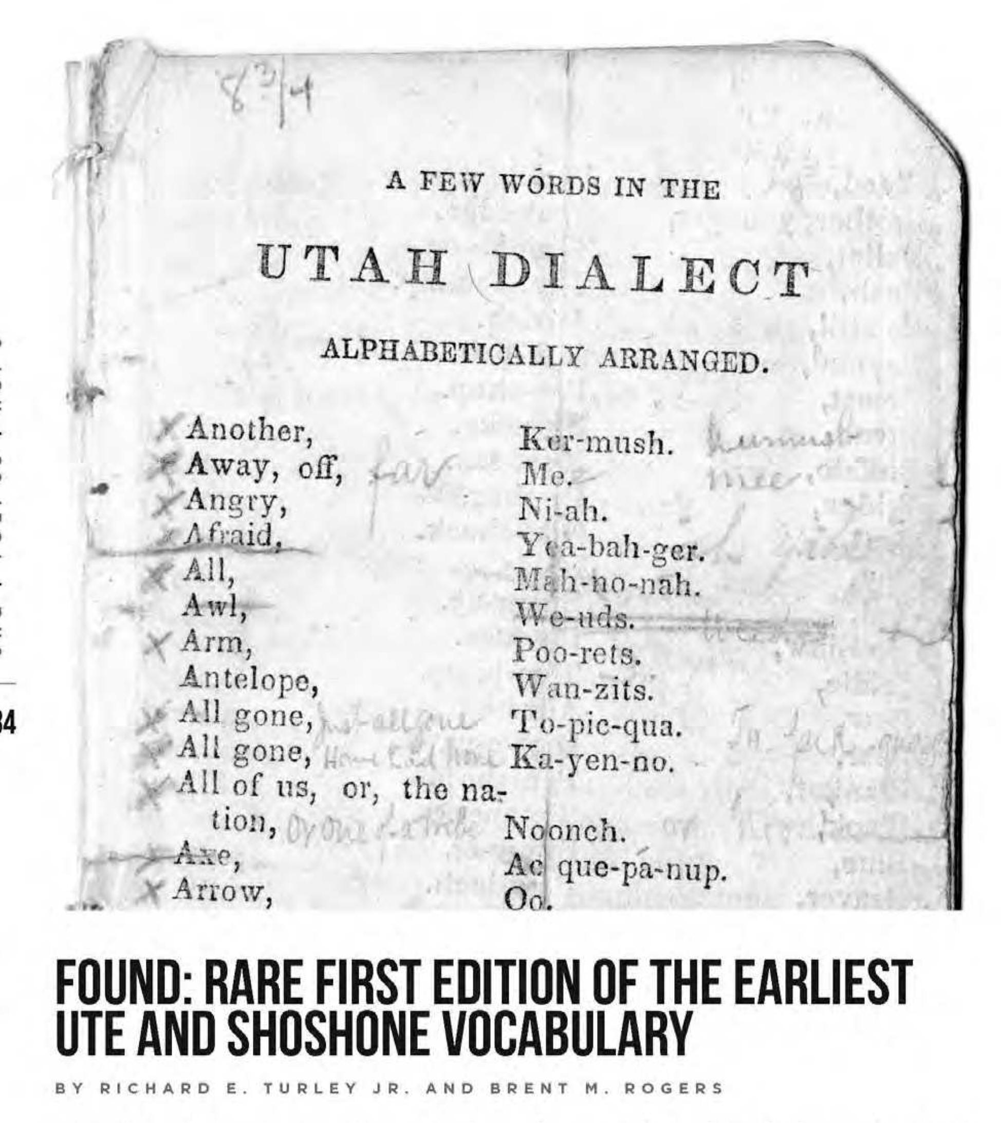 Early Southern Numic Language Script (PDF) Found: Rare First Edtion of the Earliest Ute and Shoshone Vocabulary