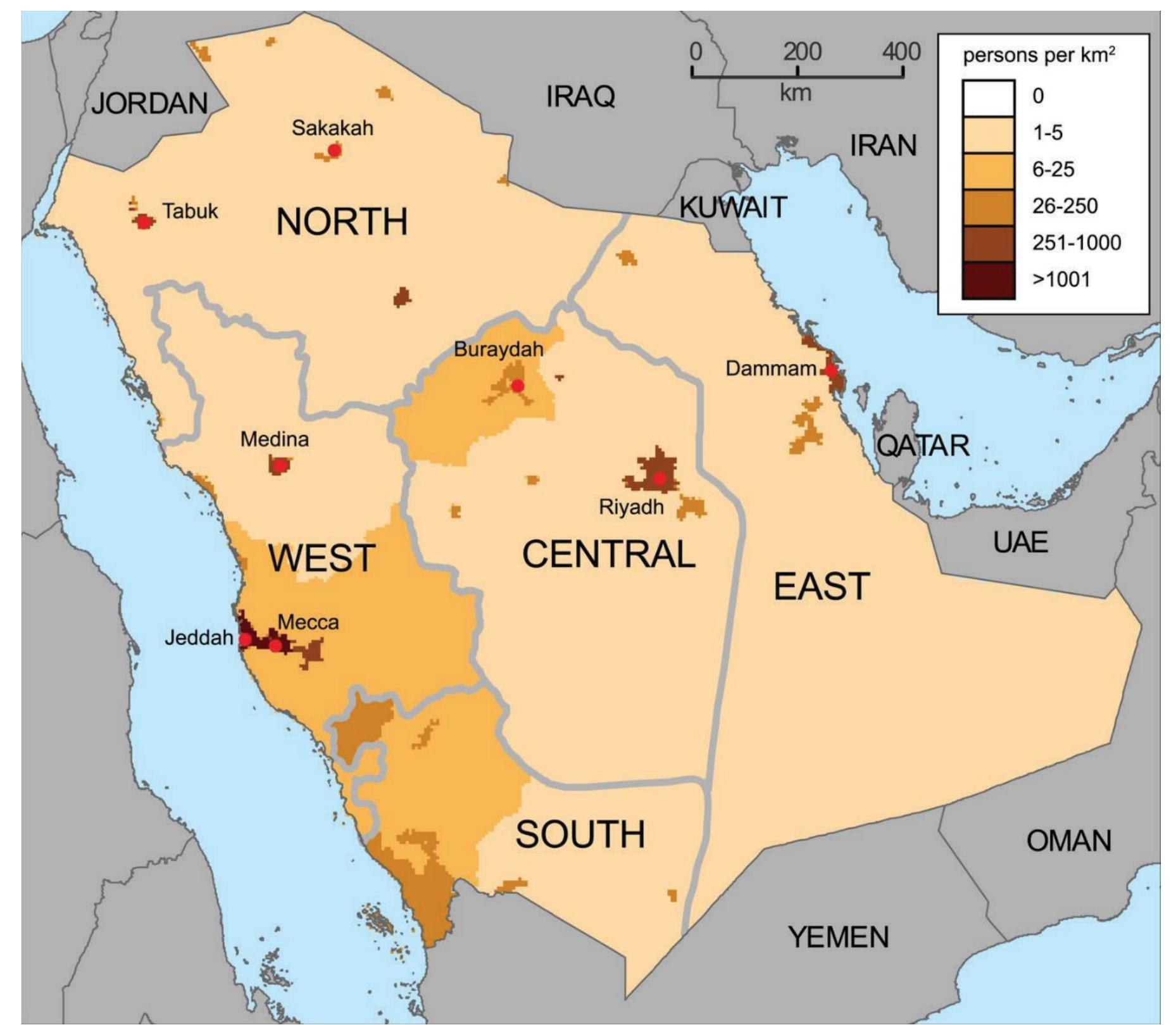 Figure 1- Map of Saudi Arabia, showing population density and sub-regional divisions (Khubrani et al., 2018). Population density is indicated by shading as shown in the key, top right, and locations of some major cities are shown. Adapted from Global Rural-Urban Mapping Project (sedac.ciesin.columbia.edu/gpw/), under a Creative Commons 3.0  Attribution License 