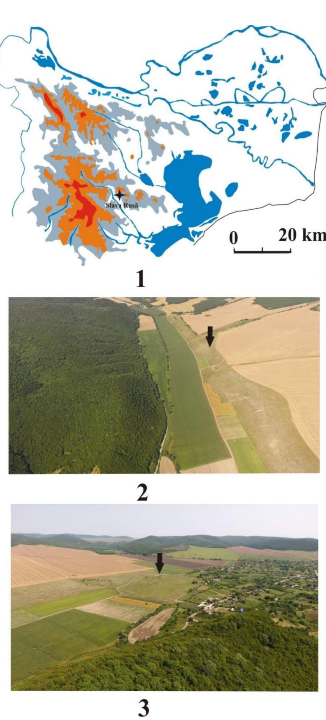 Pl. I. The geographical position of the locality Slava Rusa (1); The areas where most of the Gumelnita lithic objects were found: Sector P and the roman necropolis (2) and Curtina G (3). 