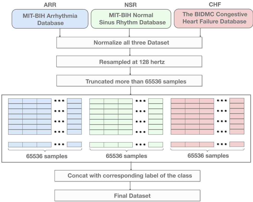 Fig. 2: Modified Dataset Combining MIT-BIH Arrhythmia Database, MIT-BIH Normal Sinus Rhythm Database, BIDMC Congestive Heart Failure Database 