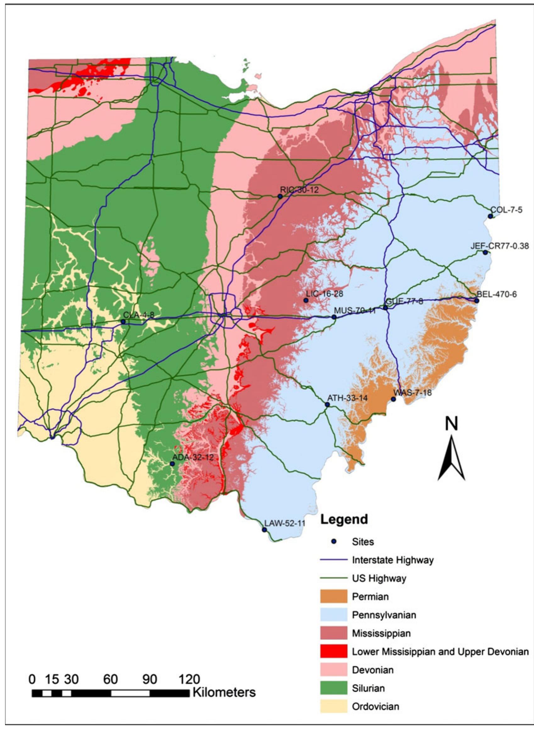 Geologic map of ohio and location of study sites