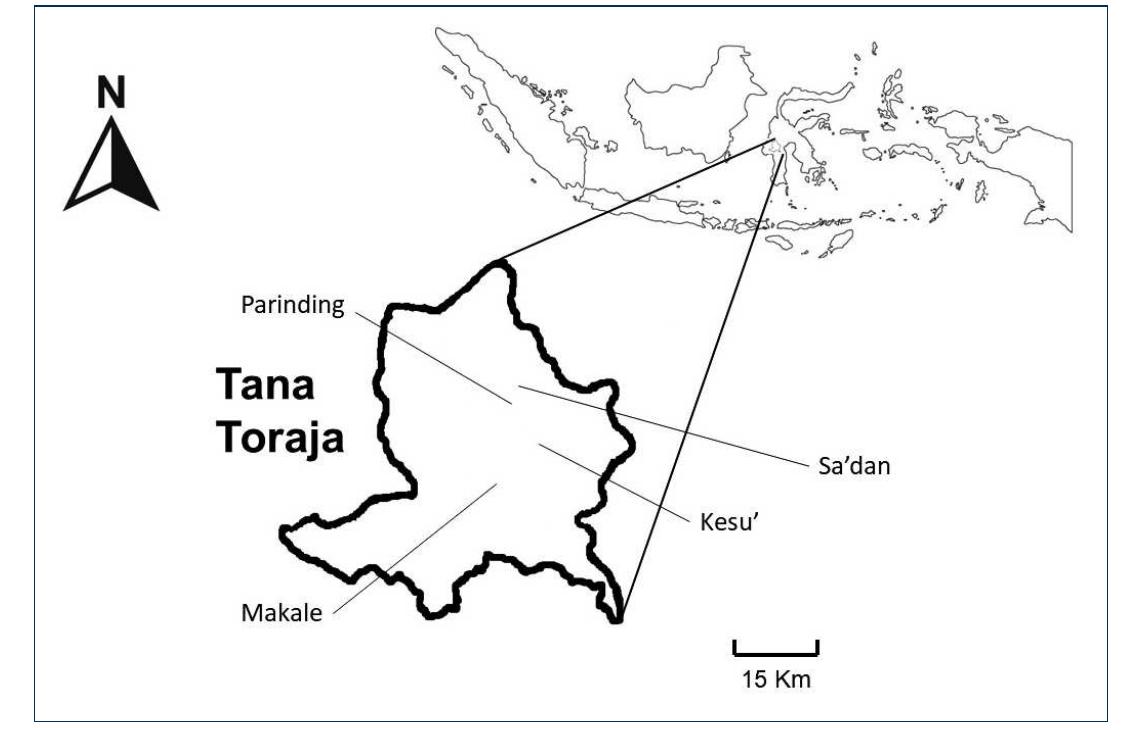 map showing tana toraja and locations mentioned in the