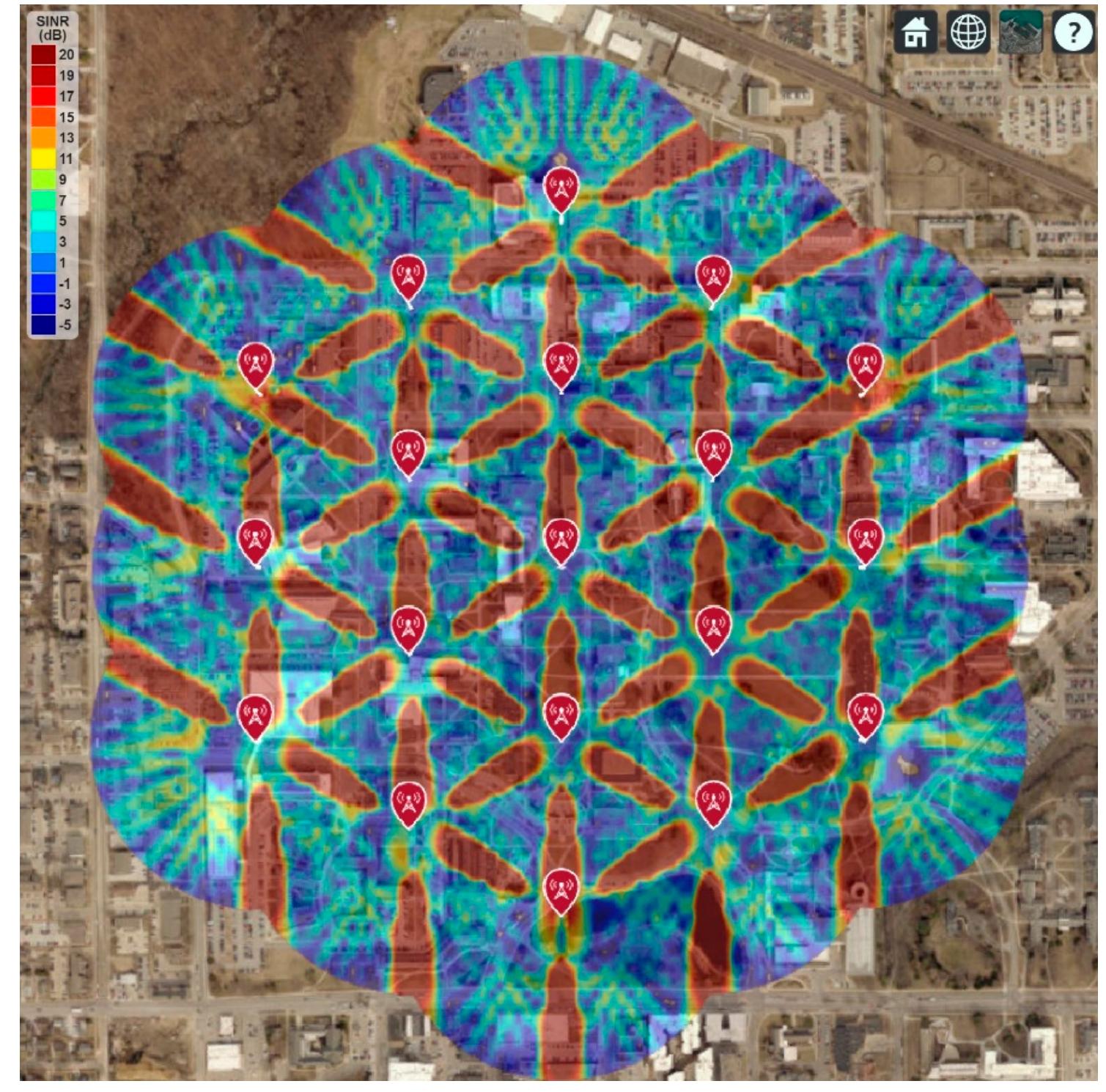 5g network coverage and sinr map for 16-by-16 antenna array.