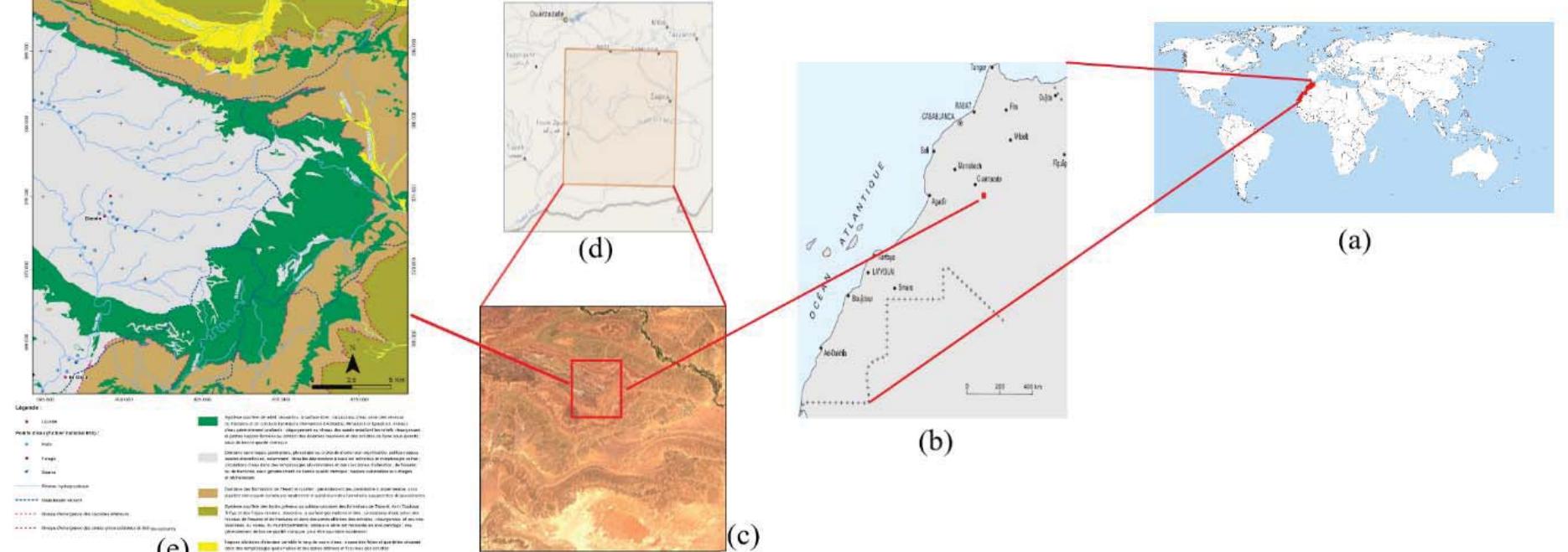 MSI database, a multispectral instrument, has made it possible to directly download images of the Sentinel already corrected for atmospheric effects via the website https://scihub.copernicus.eu/dhus/#/home. We have chosen an image, Figure 2c and d, with the product type S2MSI2Ap (Sentinel-2A; 2015) and the processing level 2Ap, picked up on 09 April 2017 at 10 h 56 min 51 s in Bou Azzer-El Graara area. It is characterized by 97% bare soil, 0.08% cloud cover, 0% snow ice, 1.01% vegetation, and 0.000013% water. 