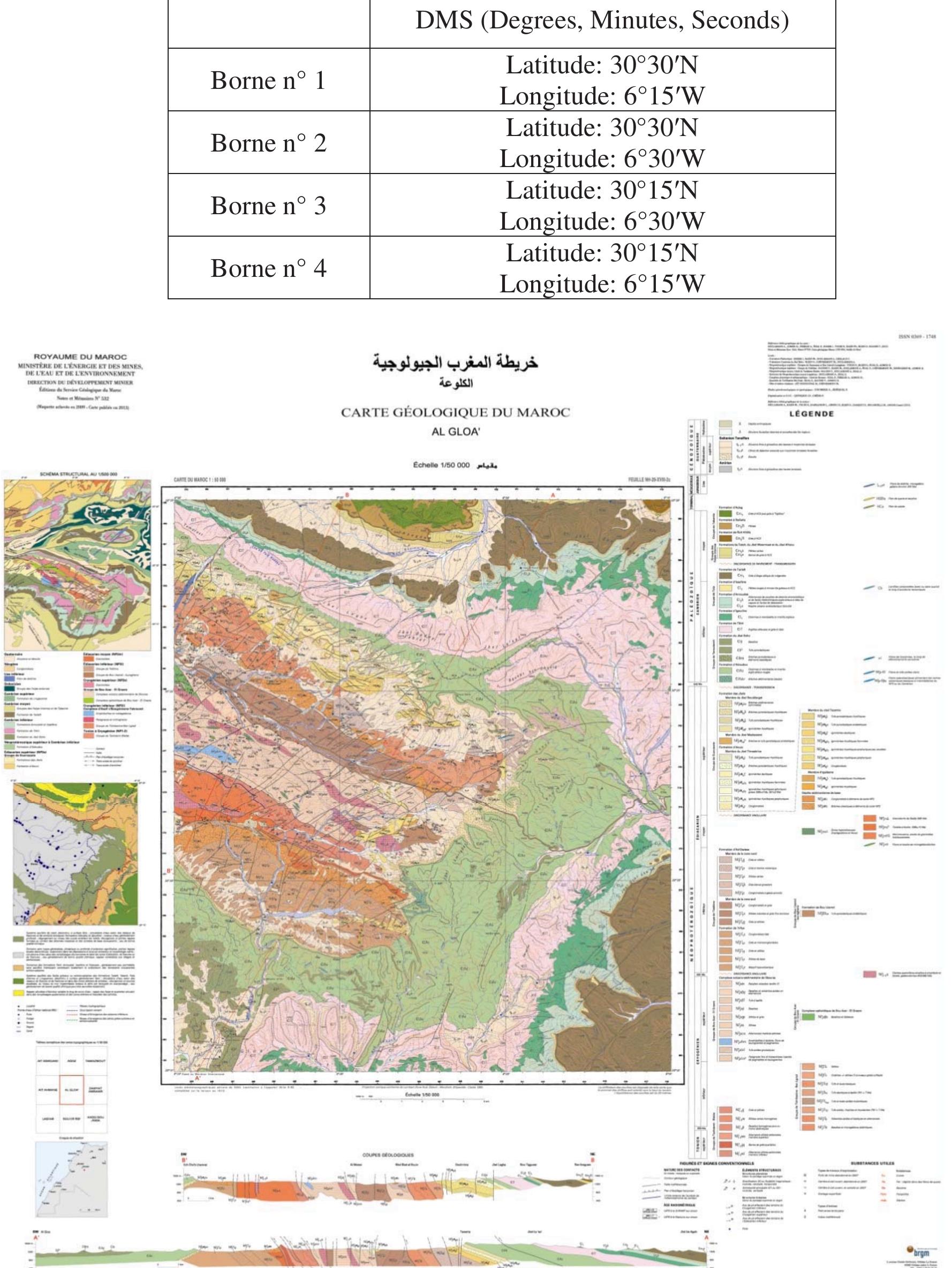 Fig. 3. Geological map of Al Glo’a of 1/50,000 (Soulaimani et al., 2013a)  Table 3. The coordinates of the bounds of Al Glo'a sheet (1/50,000) 