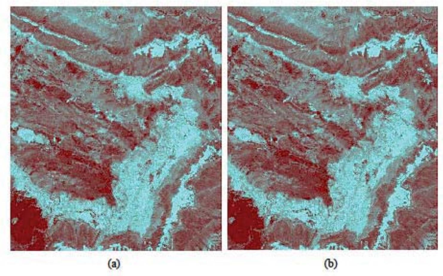 Fig. 11. Unsupervised classification (1/50,000): (a) algorithm: ISODATA (10 classes), (b) algorithm: K-Means (10 classes) 
