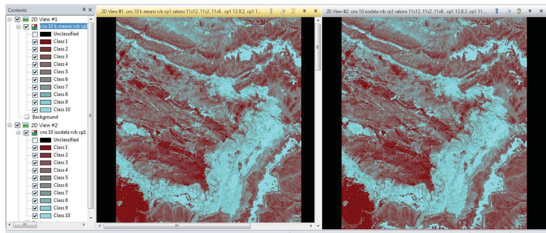 Fig. 14. Unsupervised classification of 10 classes of ISODATA and K-Means algorithms 