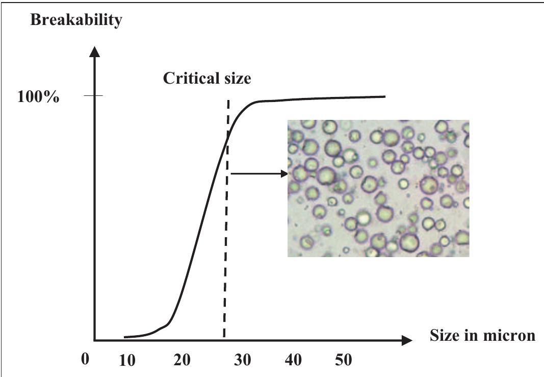 Breakability of microcapsules vs microcapsule size.