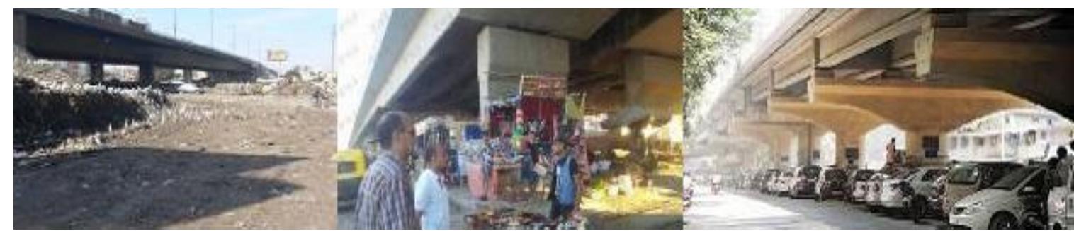 The problems in this case are: first, few cases in which these sites are optimized in this way, and second: in fact, that they are carried out separately by the owner of the project and not in a general and random manner, and not in a planned form by the local administration show figure 2. These stalls are irregular and spaced out with an uncivilized and incoherent appearance, which is not conducive to the optimal use or making the most of those sites or achieving appropriate aesthetic and civilized appearance.  Figure 2 The current situation below the upper bridges in Egypt  6. The Bentawy Project 