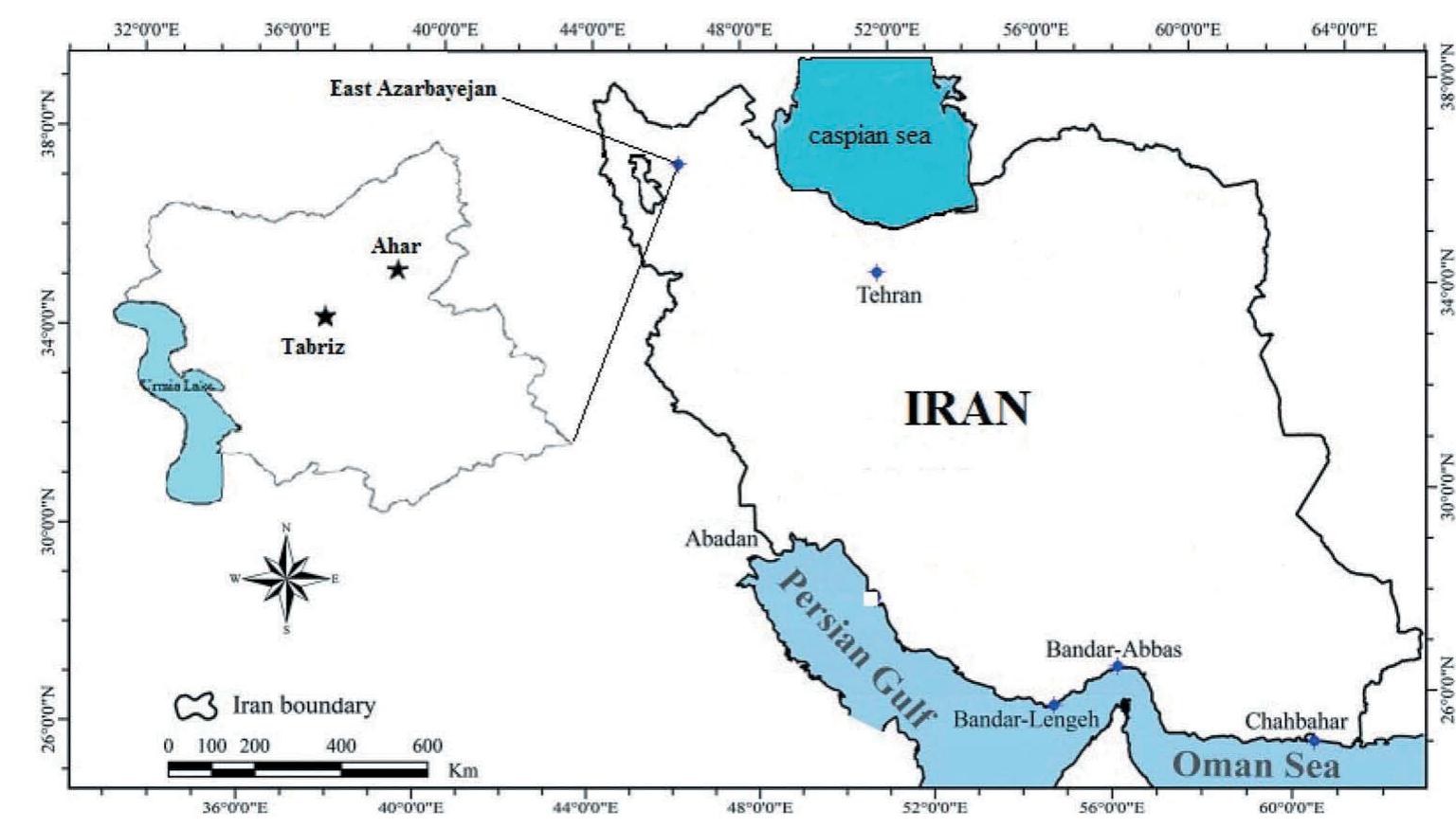 Figure 1. Location of the Tabriz and Ahar synoptic stations in Iran (East Azerbaijan Province).  This study was carried out using data from East Azarbaijan province, weather stations of Tabriz and Ahar (Figure 1). East Azarbaijan Province is the largest and most populous province of northwestern Iran (Azerbaijan) and its geographic location is in the range of 45°7’ to 48°20’ east longitude and 36°45’ ‘to 39°26’ north latitude. The capital of the East Azerbaijan pro- vince is Tabriz metropolis, which is about 1348-1561 m above sea level. The average annual rainfall is 310 mm   Last few years, soft computing techniques such as support vector machine, Gaussian Process (GP), Random Forest (RF), ANNs, M5P tree, and ANFIS has successfully been implemented to solve complex and non-linear problems (Parsaie & Haghiabi, 2015; Parsaie, Yonesi, & Najafian, 2015; Shiri & KisI, 2011; Sihag, 2018; Sihag, Tiwari, & Ranjan, 2018a, 2017; Singh, Sihag, & Singh, 2017; Tiwari, Sihag, Kumar, &   both areas. Kisi, Tombul, and Kermani (2015) compared  different methods and models regression neural networks, radial  including generalized basis neural networks,  and MLP neural networks to estimate STs by using  meteorological data. Nahvi, Shamshirband, and Al Razgan  Habibi, Mohammadi, 2016) have forecasted  DST using self-adaptive evolutionary extreme learning  machine for six different soil dep from two metrological stations  hs. Data were collected (Kerman and Bandar  Abbas in Iran). They selected me  teorological parameters  (global solar radiation, atmospheric pressure, and air  temperature) as input and ST as  output. Results of this  study confirmed that the performance of self-adaptive evolutionary extreme learning machine is better than  extreme learning machine. The  performance of self-  adaptive evolutionary extreme learning machine is also better than ANN and genetic programming. Citakoglu (2017) used ANN, ANFIS, and multiple linear regression (MLR) models for estimating ST of Turkish, Turkey and  reported that ANFIS is better than ANN- and MLR- based models. Kisi, Sanikhani, and Cobaner (2017) esti- mated ST at different depths of soil using ANN, ANFIS, and gene expression programming (GEP) techniques for Adana and Mersin, Turkey. The authors found that GEP  has better performance than  Mehdizadeh, Behmanesh, and Khalili (2017) also used  ANN, ANFIS, and GEP models  monthly ST for 31 locations in Iran and found that the  performance of ANFIS model is GEP-based models.  ANFIS and ANN.  for the estimation of  superior to ANN- and  Leer a cee ee a ee ee eS ee Se Le Te) ae  2.1. Area of study  2. Materials and methods 