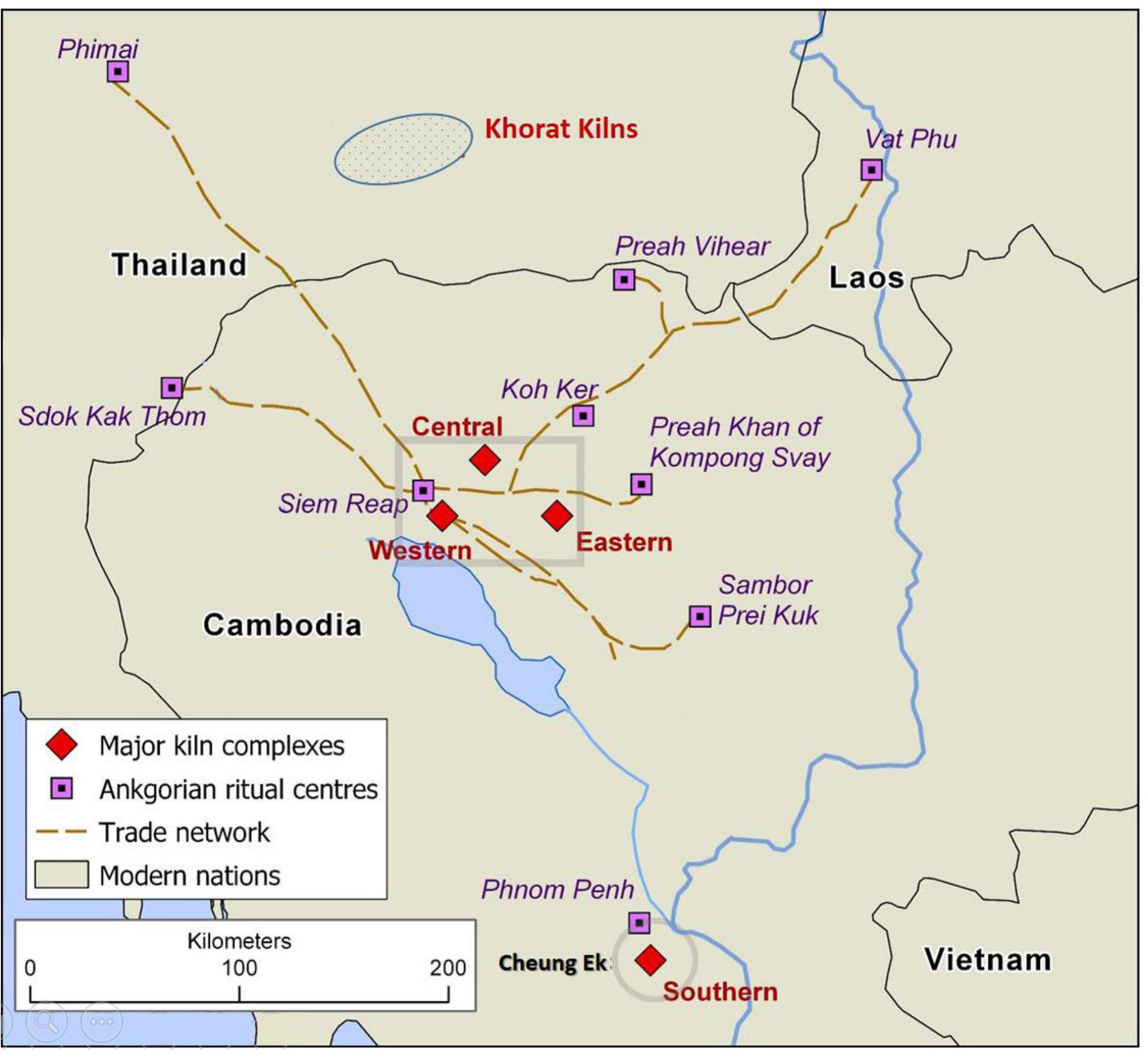 Fig. 1. Location of major eastern, central, western and southern Angkorian kiln complexes in Cambodia and the Khorat Plateau, NE Thailand mentioned in the text in relation to Angkorian road network, major ritual centers, (for details of southern, Cheung Ek region, south of Phnom Penh see Fig. 2; for kiln and lithology details of frame east of Angkor see Grave et al., 2017).  Cheung Ek is located 15 km south of the center of Phnom Penh,  Cambodia’s capital; today Cheung Ek lies within its expanding southern periphery (Phon, 2002; 2011: 125-129; Phon et al., 2013, Fig. 1). Urban disturbance since the 19th c has largely obliterated archaeological 