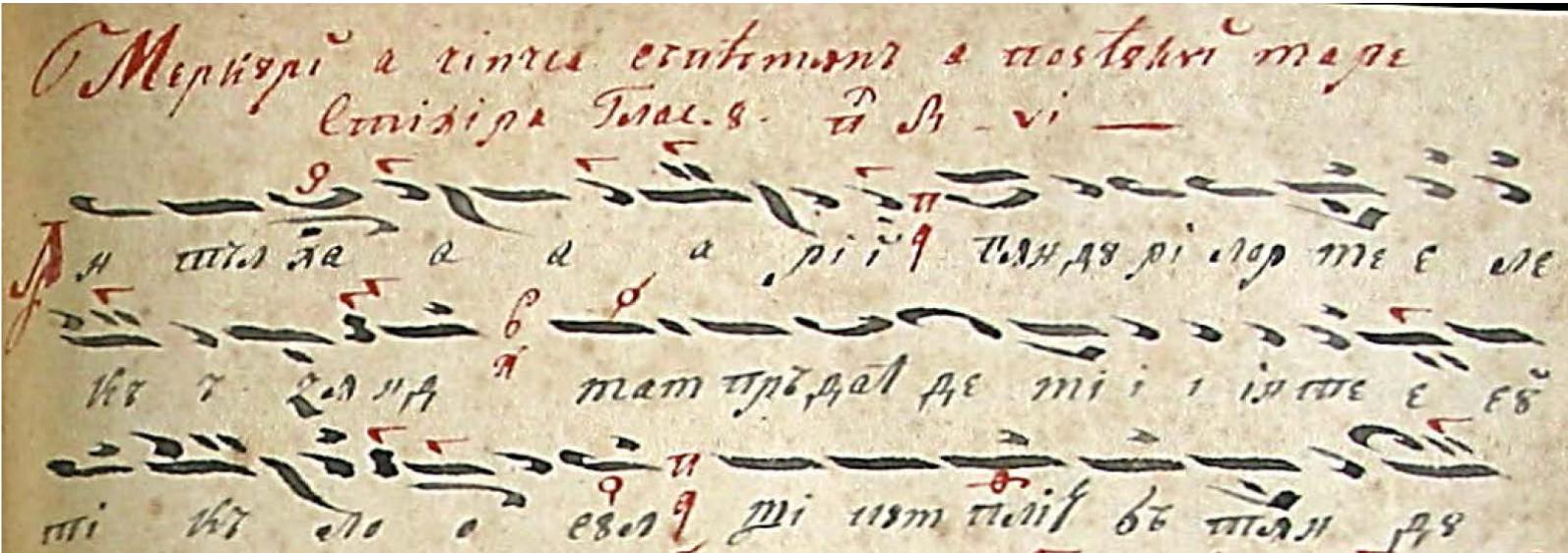 Fig. 4a Ms. 105 LCBMB, |. 82 — "Miercuri a cincea saptamana a Postului Mare" / Wednesday the fifth week of Lent, /n talharii gandurilor mele cazdand / Falling prey to the robbers that my thoughts are, the plagal of the 4 mode on Ni/Do  VURAL VILLUUDSILY UY UI PLULOVoAltYys Ul Idllippadudllul,  Other chants whose composer is not mentioned and could not be identified are on leaves 82-89v (Fig. 3). They are two stichera sung on the Wednesday of the fifth week of Lent, and 25 troparia expressing mournful humility from the Great Canon by St Andrew of Crete (performed during the first and fifth weeks of the Lent). The stichera were not taken, as expected, from the third volume otf Idiomelarion by Dimitrie Suceveanu (1857), they are different variants. generally more melismatic than those written by the Moldavian composer (Fig. 4a and 4b). The 25 troparia, adapted "in short exegesis" after the prosomia As vrea cu lacrami sa sterg / | wish with tears to wipe, the 4" authentic mode on Vu/Mi, do not appear in the collection mentioned before; therefore, they may be the original contributions of an unknown Romanian author, like the previously  mentioned stichera.  