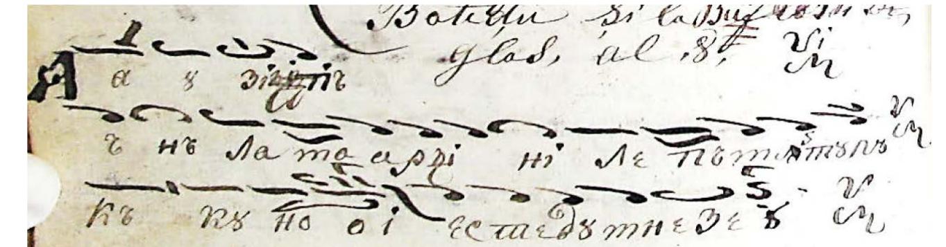 previously, composed in very flowing manner, in "syntomon" (syllabic) writing. Comparing them with those offered by Nectarie Frimu (1840, p. 323) (Fig. 6), we found that they differ from the latter, as they are slightly more "abbreviated", that is, in the variant in the Ms. 105, the text-to-music ratio is the syllabic one.  The next version in Ms. 105 (1. 200-201) (Fig. 7) is that of the tropario1 rod is with us, presented in two versions, slowly and shortly; its author is no pecified. These two variants are different from those translated by Nectari: ‘rimu (1840, pp. 321-327), as they actually belong to another, local, composer Vho is he? I have found the answer by comparing them with the homonymou: ersion in another manuscript from the LCBMB fund, namely Ms. 27 Rom.- Gr \nthology (f. 37v-38), and I was surprised to find that they are the creation o he musician Cyril the Monk from Bisericani Monastery, who drafted the code: nentioned before (Danila, 2020, p. 296) (Fig. 8). The verses (1. 201 v-206) tha ontinue the first troparion of Ms. 105, however, belong to Calinic th lieromonk, a musician "from the Holy Monastery Slatina"’. I have noticed tha  