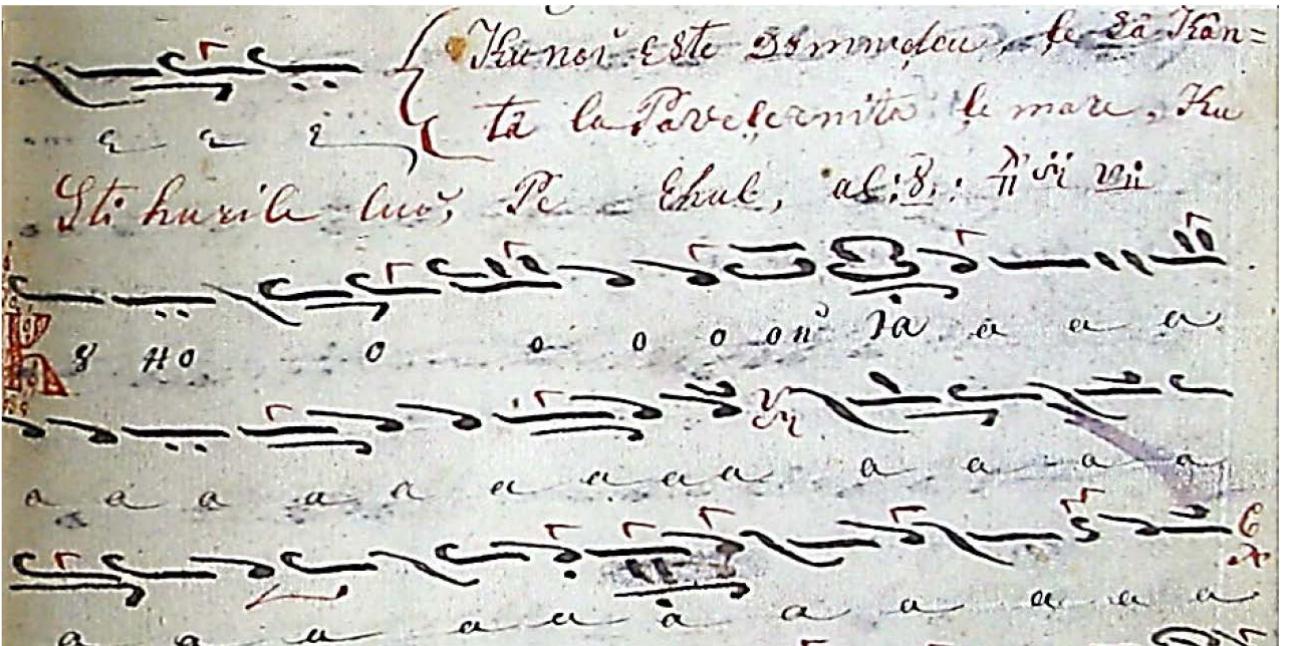 oo  Fig. 7 Ms. 105 LCI LCBMB, 1. 200, "God is with us to be sung at the service called the Great compline, with its verses on the plagal of the 4" mode Ni" - by Cyril the Monk  these lines, composed in the "syntomon" style ("briefly", syllabic), with a fluent and inspired melodic line, in the same plagal of the 4" mode on Ni, are rendered identically (1. 38v-41v) in Ms. 27 LCBMB, too, by the copyist Cyril the Monk (Danila, 2020, p. 296); this clearly indicates that the Psalter musicians from the monasteries of Moldova were connected in terms of the church musica repertoire and promoted the creations of the local musicians, circulating them ir the manuscripts they compiled. 