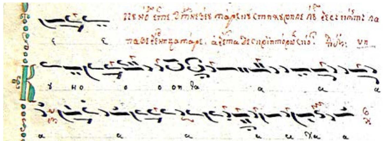 Fig. 8 Ms. 27 LCBMB, I. 37v, "God is with us, in slow exegesis, with the verses to be sung at the service called the Great compline. This one [composed] by the writer. [Cyril the Monk, a.n.] The plagal of the 4" mode on Ni" 