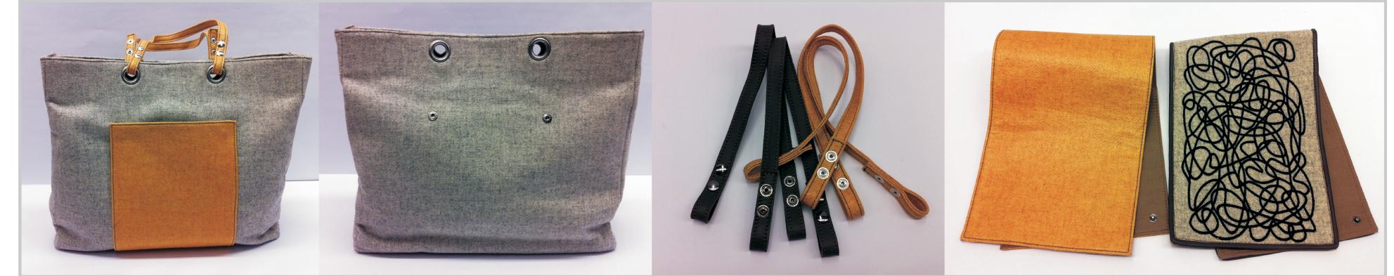 Figure 3. Handbag 100% wool fabrics: front panel yellow with coating and option with grey embroidered; two options of handles 