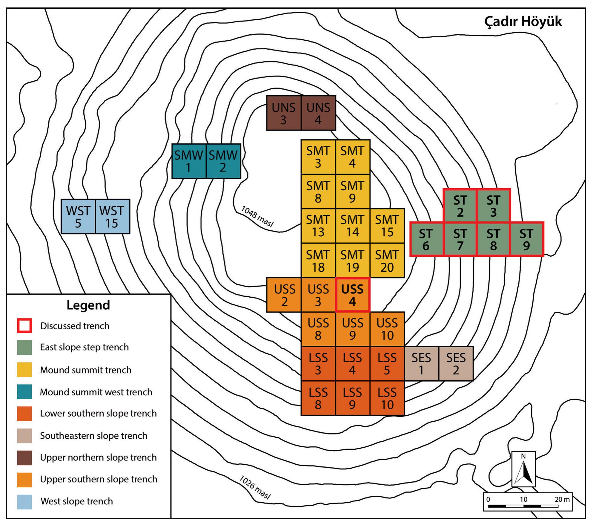 Figure 2. Topographical map of Cadir Héytik, with relevant trenches outlined in red. 