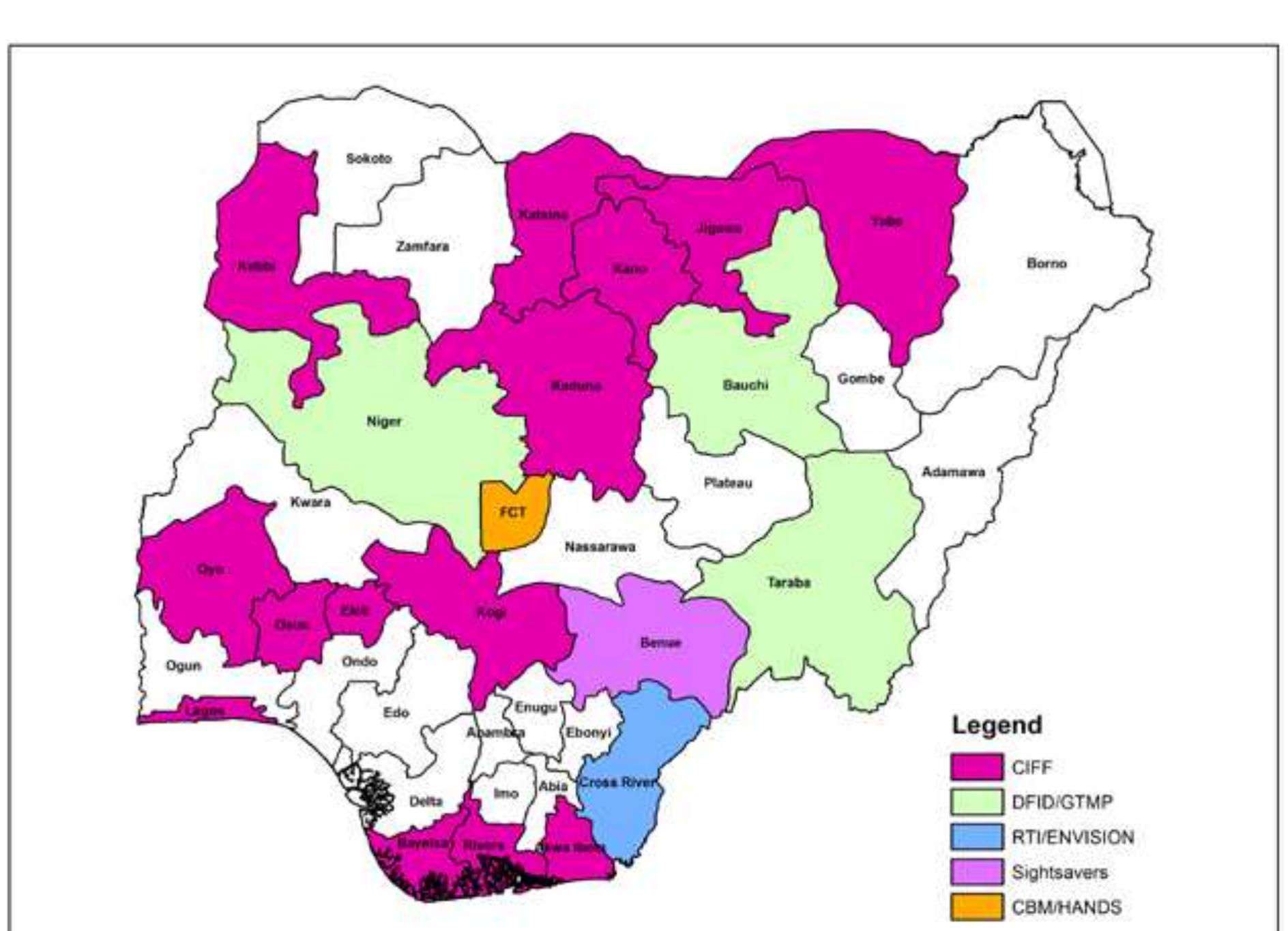 Map of nigeria showing the study area and funding partners