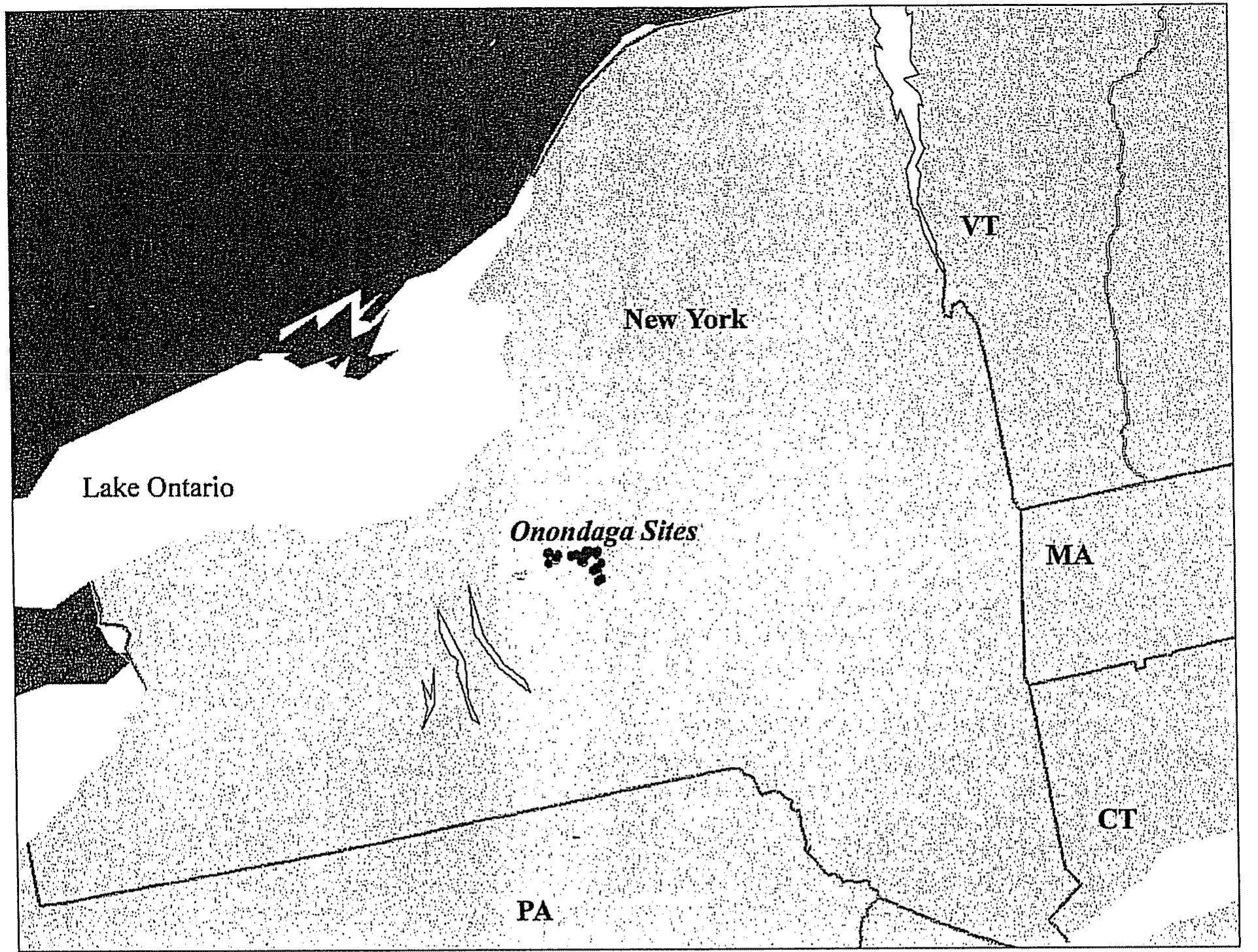 Figure 1. Map of New York. The archaeologically identified Onondaga sites dating between A.D. 1500-1700. 