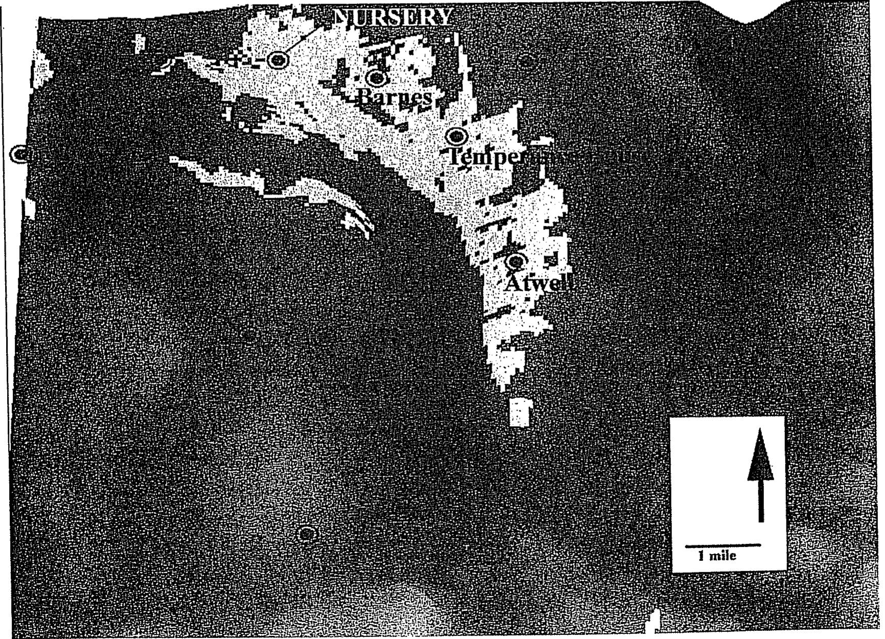 Figure 4, Viewshed of the Nursery site. The visible sites are labeled on the map. In this case, the Barnes, Temperance House, and Atwell sites are visible. 