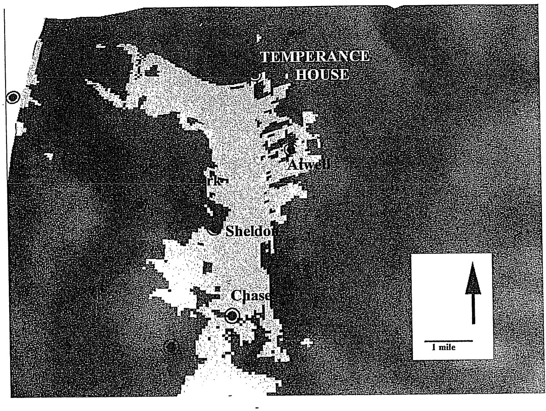 Figure 5. Viewshed of the Temperance House site. The Atwell, Sheldon, and Chase sites fall in the viewshed. 