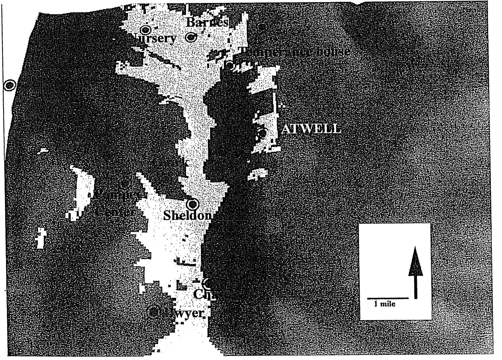 Figure 6. Viewshed of the Atwell site. The Nursery, Barnes, Temperance House, Sheldon and Chase sites are visible 
