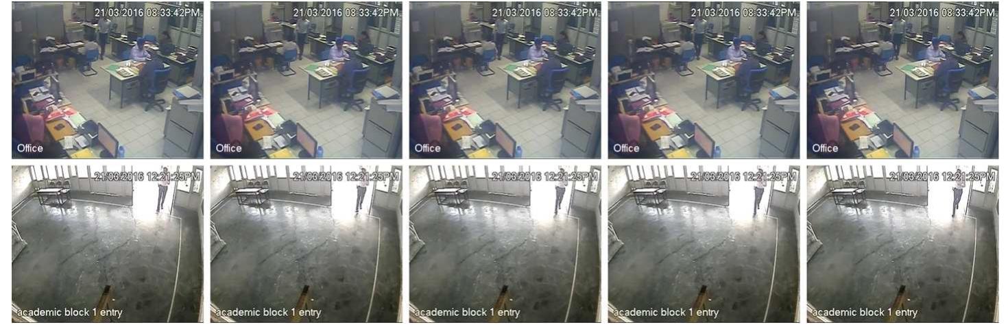Shown in 2 rows are the 10 frames from two different video