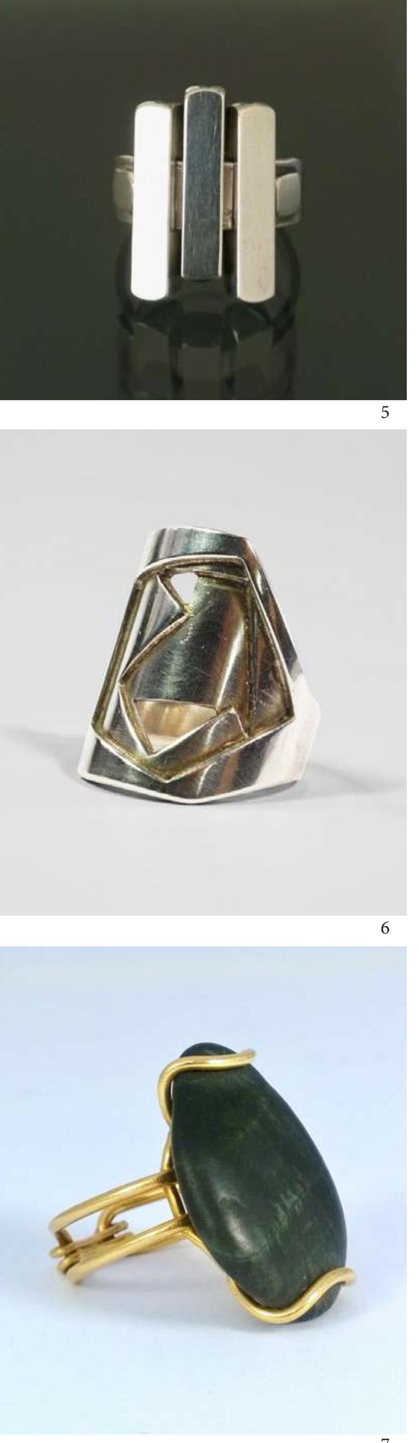 lig. 1 Drawing by Slutzky’s Album, Victoria G Albert Mu- seum, London, Museum Number: E.984-1966.  Fig. 2 Pendant, silver, rosewood, wory, citrine, Collezione Die Neue Sammlung.  lig 3 Drawing by Slutzky’s Album, Victoria G Albert Mu- seum, London, Museum Number: E.964-1966.  lig 4 Yellow and rose gold ring, Dallas Museum of Art, Museum Number:2014.33.3.20.  lag. 5 U-shaped silver ring hoop to which is attached three irregular oblong silver bars, Horton, London, Codice/ Code: 10543.  Lig. 6 Silver ring with an abstract layered shape, Roseberys, London, Lot number 262.  lig. 7 Ring in gold and polished stone, Horton London, Cod. 1960-03492. 