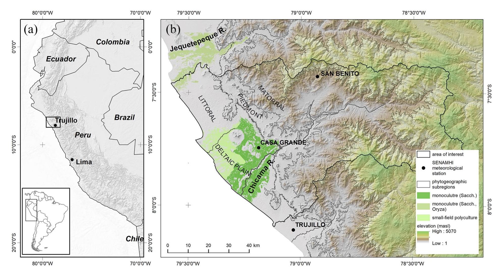 igure |. (a) Index map of the study region in NW South America. (b) Map of the Chicama River area of interest, with phytogeographic ibregions and meteorological stations used in this analysis indicated. 