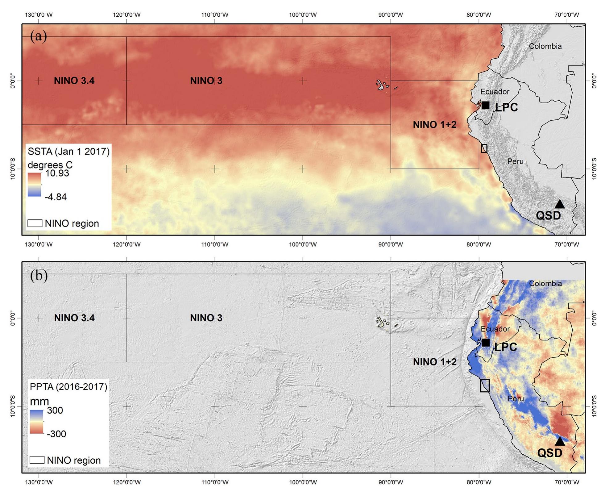 Figure 2. Eastern-central Pacific NINO regions |—3.4, showing SSTA that developed during the 2016-2017 ENSO+ phase (a) and total annual precipitation anomalies (b) during the same event. The locations of paleoclimate proxy archives mentioned in the text are indicated. QSD: Quelccaya Summit Dome Ice Core; LPC: Laguna Pallcacocha lacustrine sediment core. 