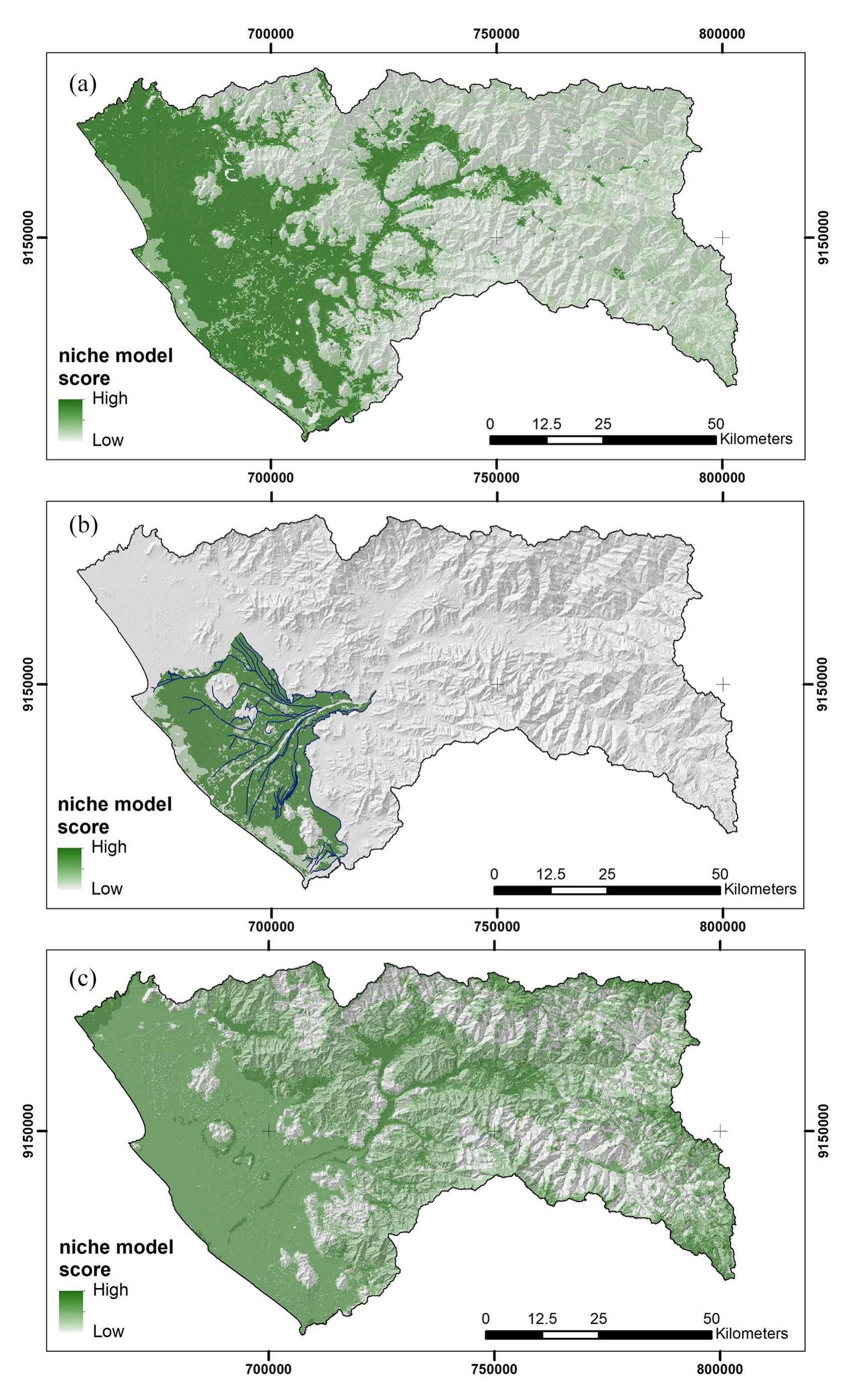 Figure 5. Agricultural niches available in the Chicama Valley based on topographic and edaphic criteria and mechanism of water-availability. (a) the generic agroecological niche derived from edaphic and topographic factors. (b) the area cultivable by extant and archeological irrigatior canal systems (largely conforming to the floodplain). (c) The expanded agricultural niche that could be utilized by dry-farming and/or localized irrigation networks that redirect surface/groundwater from meteoric sources. 