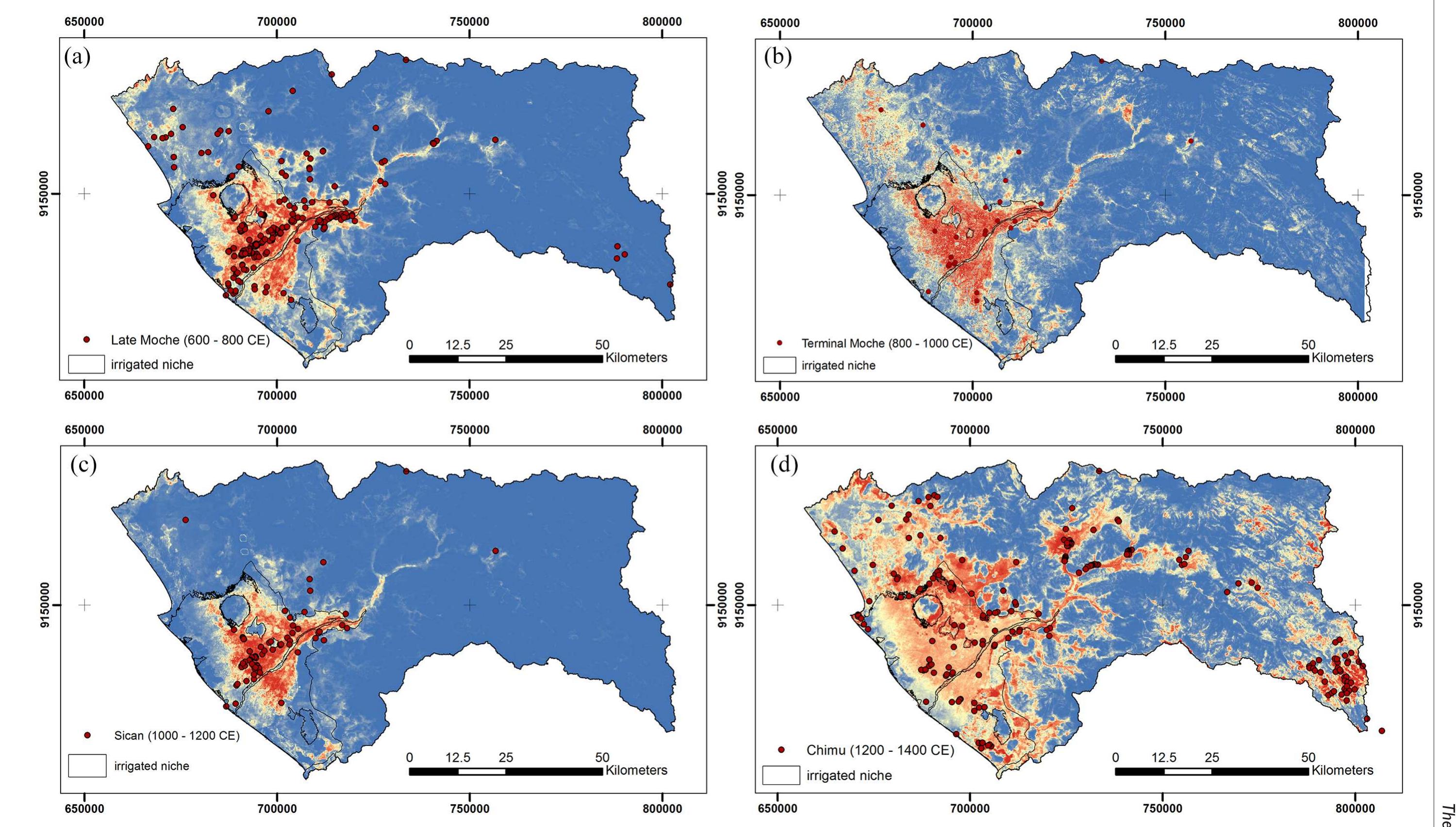 Figure 6. Maximum Entropy niche models and distribution of archeological settlements and agricultural features for three cultural periods during the late-Holocene, 1350-550 BP. (a) Late Moche Period. (b) Transitional Moche Period. (c) Sican Period. (d) Chimu Period. 