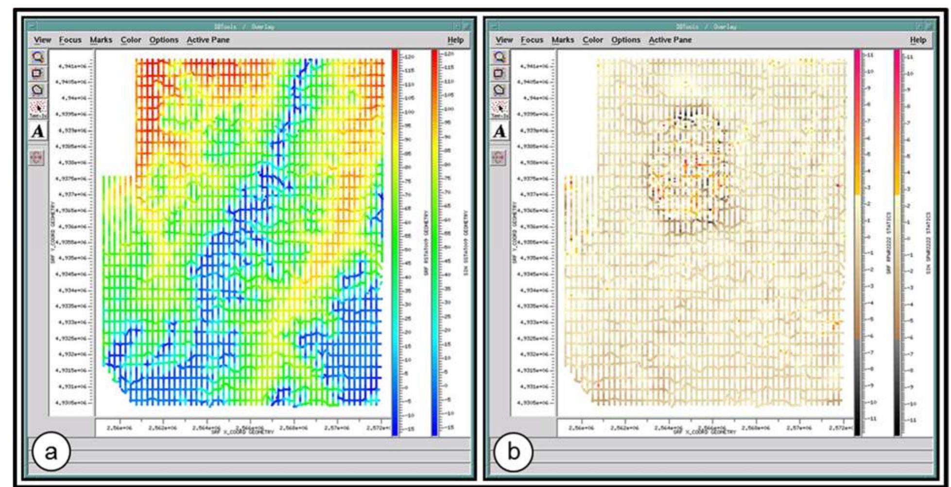 A) refraction statics map. b) second residual static map.