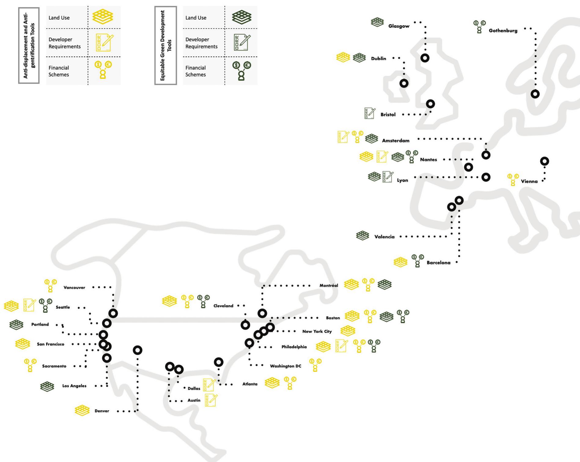 Figure 1. Geographical spread of 30 anti-displacement/anti-gentrification tools and 20 equitable greening tools from the Policy and Planning Tools for Urban Green Justice: Fighting displacement and gentrification and improving accessibility and inclusiveness to green amenities report (Barcelona Lab for Urban Environmental Justice and Sustainability (BCNUEJ) (2021)?.  This paper stands as a Commentary on the original report, Policy Tools for Urban Green Justice (Barcelona Lab for Urban Environmental Justice and Sustainability (BCNUEJ) (2021).' In this Commentary, we call for further research and practical emphasis towards poli-  cies and tools that can provide both anti-displacemen and inclusive greening measures building on the set of tools outlined in the report. The report was developed from a larger EU research project in 40 cities  (GreenLULUs, 2016-2022) that and racial impacts of redeveloped onmental amenities. Part of the  qualitative field work (close to 490 interviews in 24  cities conducted using snowball  with neighborhood leaders, activists, and planners and  elected officials, and complemen  7  examined the socia neighborhood envir-  7  project consisted of  sampling techniques  ed by field observa-  tions and grey literature) in mid-sized cities in Canada,  the United States, and Western  Europe.” Among the  many themes we examined, some of our questions  focused on promising policy and for the equitable green city, as wel  planning directions as alternative routes   In the sections below, we examine in greater detai four out of 50 progressive and radical policy tools that have been, and could be further used, in severa urban contexts to address the intersection of gentrifi- cation and displacement with green injustices and inequalities. In Figure 1, we outline our analyzed ful  