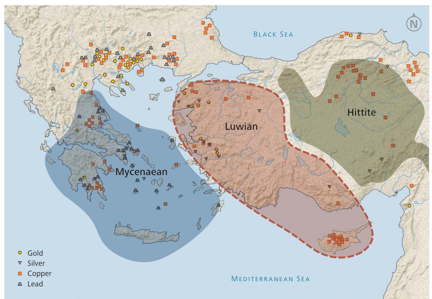 FIGURE 2: Previously acknowledged Late Bronze Age cultures in the northeastern Mediterranean with the addition of a Luwian sphere of influence in western Asia Minor and also indicating ore deposits (Luwian Studies #0109). 