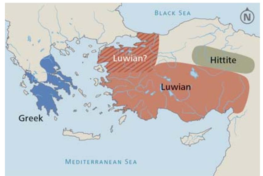 FIGURE 7: Language distribution at c. 1580-1200 BCE in the northeastern Mediterranean (after Wittke, Olshausen and Szydlak 2007, 22; Luwian Studies #0110).  ent in itself and can be verified or falsified through documentary evidence and fieldwork. 