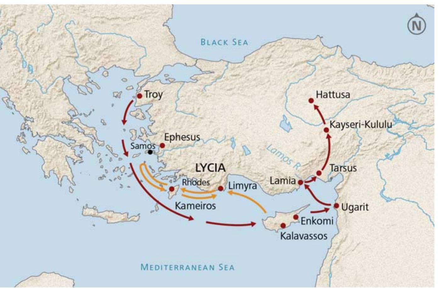 FIGURE 11: Trade routes (red) from the Aegean to Hattusa can be reconstructed based on Fred Woudhuizen’s reading of Cypro-Minoan documents from Cyprus and Ugarit (Woudhuizen and Zangger 2021, 130). Cypriot navarch’s course is shown with yellow arrows (Luwian Studies  #0150). 