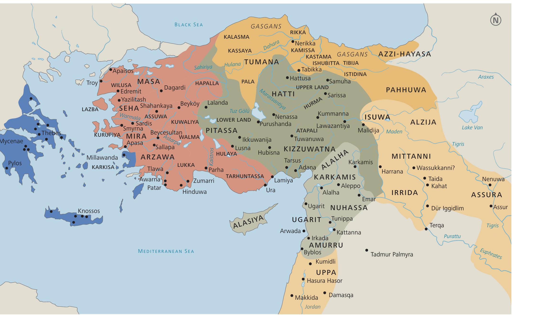 FIGURE 22: Approximate political geography in Anatolia c. 1200 BCE showing the Luwian states (red) and the Hittite realm (green) (Zangger and Woudhuizen 2018, 52; Luwian Studies #0103). 
