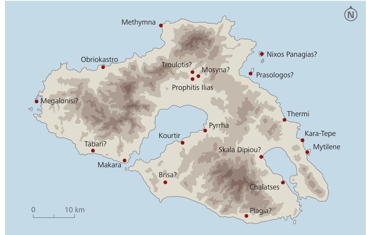 FIGURE 28: Middle and Late Bronze Age settlements on Lesbos (Spencer 1995a; Luwian Stud- ies, #3033).  Nigel Spencer conducted a survey on the island of Lesbos during the early 1990s.3!3 He reported altogether 22 Middle and/or Late Bronze Age sites which are spread quite evenly along the coast of the whole island (Fig. ure 28). In over a century of archaeological research there have been only  Nigel Spencer conducted a survey on the island of Lesbos during the early 1990s.3!3 He reported altogether 22 Middle and/or Late Bronze Age sites which are spread quite evenly along the coast of the whole island (Fig- ure 28). In over a century of archaeological research there have been only 