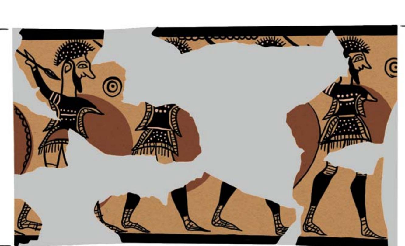 FIGURE 29: The reverse side of the Mycenaean Warrior Vase shows advancing warriors with lifted spears, feather crowns and round shields (after Furtwangler and Loeschke 1886, plates 42-43; Luwian Studies #0310). 