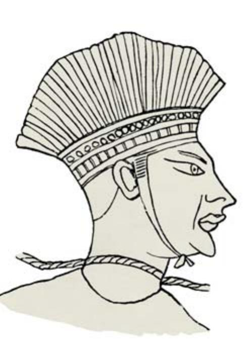 FIGURE 30: Schematic representation of the profile of a captured feather-crowned warrior from the group of attacking Sea Peoples as shown in the decorations of the mortuary temple of Ramesses III (Luwian Studies #4018).  A characteristic external feature of Luwian warriors appear to have been the feather crowns, which are repeatedly found in representations both in western Asia Minor (Figure 16) and in Mycenaean Greece. The reverse of the famous Mycenaean Warrior Vase apparently shows the enemies of the Greeks, and they wear such feather crowns (Figure 29). In Medinet Habu they are the most distinct feature of the Sea Peoples (Figure 30). Balkan cultures, including those in Thrace, differed from the Luwian culture in many respects, and the Dardanelles seem to have formed a relatively sharp frontier between them. Peaceful exchanges alter- nated with hostile raids. The Troad, and Troy itself, apparently served as a 
