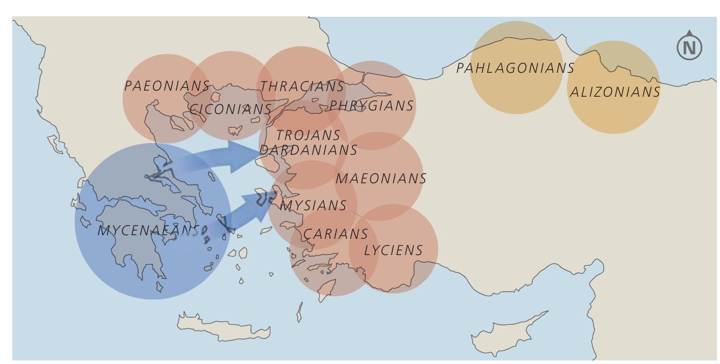 FIGURE 31: Greek forces (blue) and the majority of the Trojan allies during the Trojan War ac- cording to Homer, /liad 2.816—877 (Luwian Studies #0113).  describe how the Mycenaeans formed an alliance and attacked the coasts of western Asia Minor,*°° finally assembling for the decisive battle at Troy  Peoples. Then again, the Sea Peo  he Hittites. If there was a battle between 1190 and 1180 BCE), t  ation density in southern Greece he twelfth and eleventh centuries at least two causes for the waves  ans themselves.  Figure 31). In both cases, the movement is from west to east. The sim- plest explanation would therefore be that the Mycenaeans were the Sea  ples’ attacks were specifically designed  o weaken the great king of Hatti and break his authority over Cyprus and south-central Asia Minor. Homer, however, does not even mention  for Troy in which Troy VIIa fell victim his conflict seems to have occurred at  a time when the Hittite empire had already ceased to exist. Moreover, Mycenaean Greece also suffered destruction to a great extent. The popu-  declined significantly in most places in BCE. There must therefore have been of destruction; one of them may have  been triggered by the Mycenaeans, while another affected the Mycenae- 