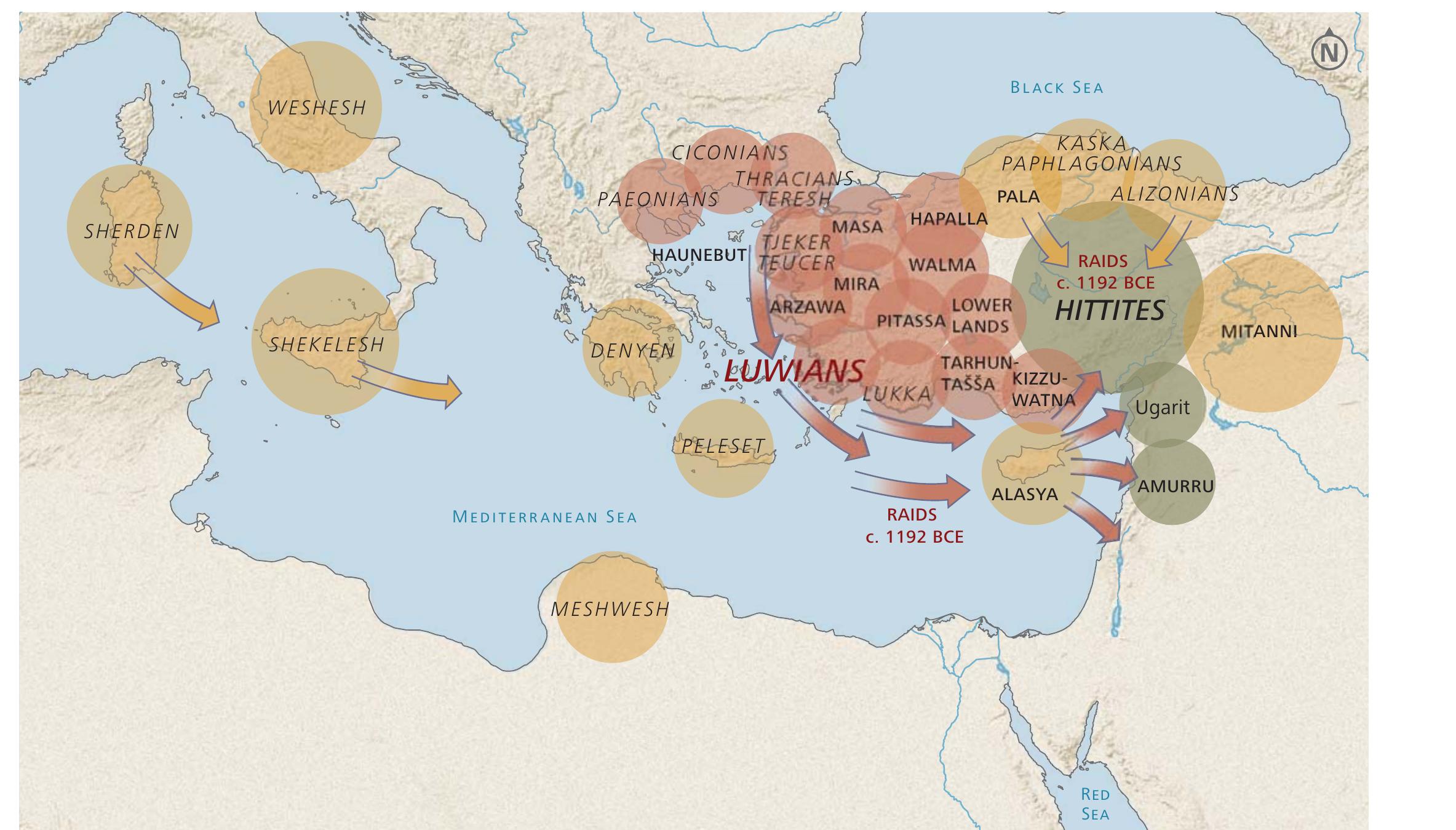 FIGURE 32: Possible provenance of parties who may have participated in the upheavels at c. 1192 BCE (Woudhuizen and Zangger 2021, 149; Luwian Studies #0111). 
