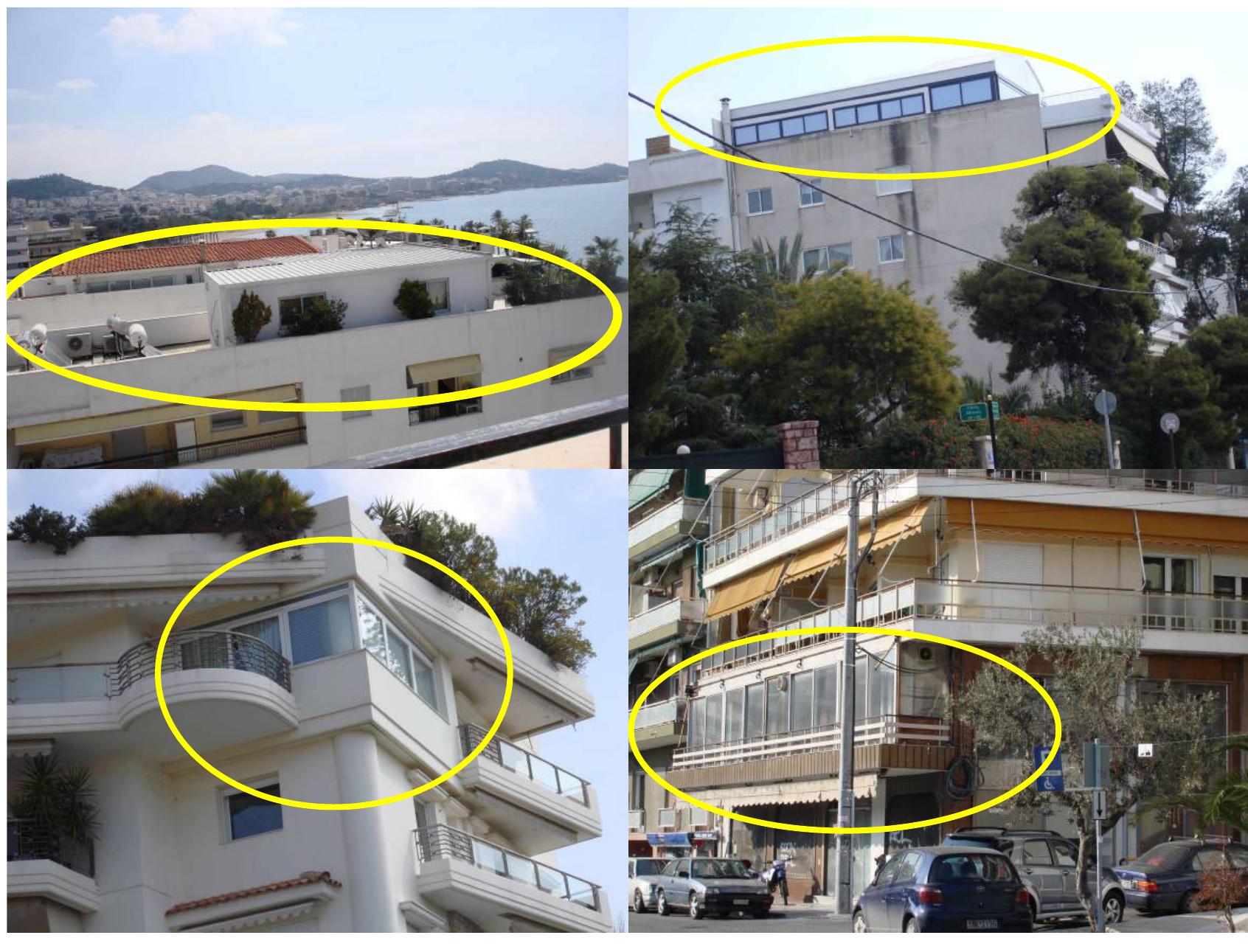 Fig. 8. Illegal construction on top roofs (1“ row) and built up balconies (2 row). 