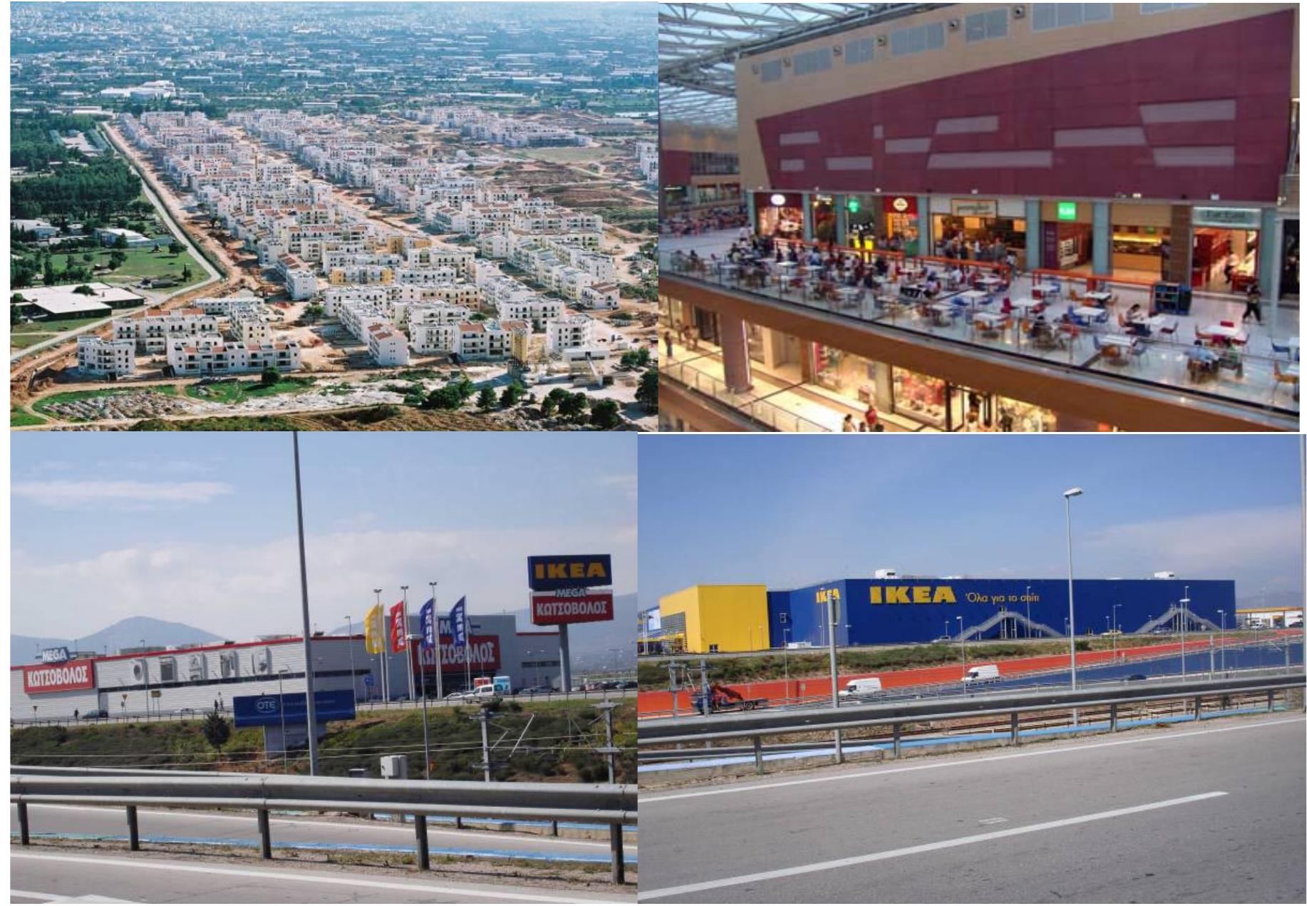 ig. 10 Olympic Village, constructed not in accordance to zoning regulations and “the Mall”, Department Store (1 row) Commercial developments in the area of El. Venizelos national Airport (2" row)  The state as a developer can also proceed to illegal op- erations, either by creating alliances with private interests, favouring the legitimization of illegal situations or by acting  as a perpetrator of ICs itself. The state as owner/ or partner in a corporate alliance has the right to construct beyond the permissible limits, not conforming to existing regulations. When new areas are included in the city plan by public au- thorities’ activity, the state and its partners may not contribute 