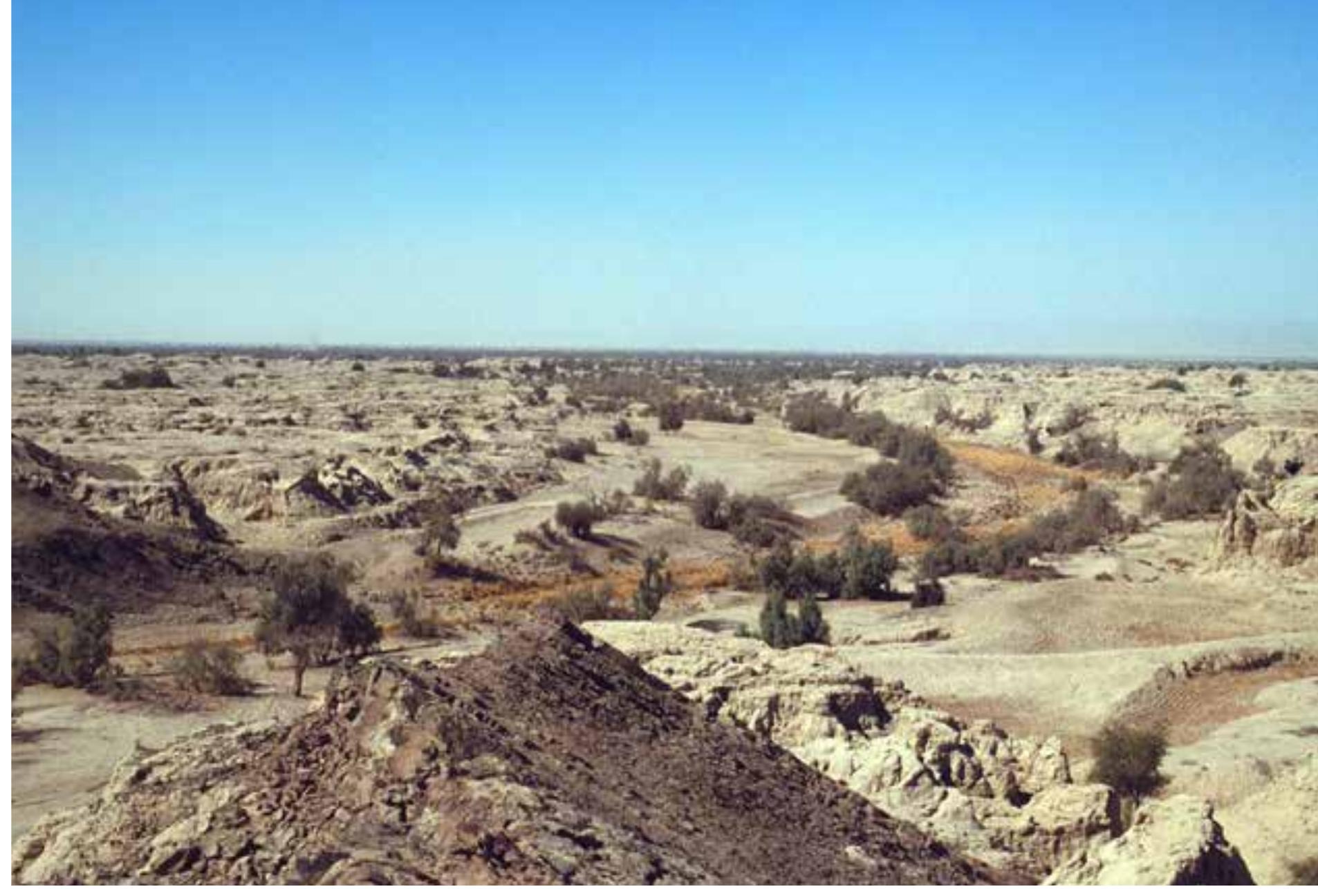 part of the region and in the coastal area.?!  part of the region and in the coastal area.*! Eighty archaeological sites dating to this period were discovered, which shows a_ significant increase in the population density during this period compared to Period Illa. One of the most populated regions was the Dasht Plain, a large sedimentary basin located southwest of the Kech Valley. While it is nowadays quite desert-like and sparsely inhabited (Fig. 11.17), the remains o numerous settlements, graveyards, and potter's workshops associated with huge amounts o ceramic fragments were identified in this plain.?? The Dasht Plain is fertile and suitable for pluvia agriculture. The hills in this area, formed by sof clays and eroded limestone, are sources of clay o very good quality. The ancient habitats are mostly situated on the slopes of these hills, and the potter’s workshops, which are literally covered with ceramic waste and remains of kiln walls,  