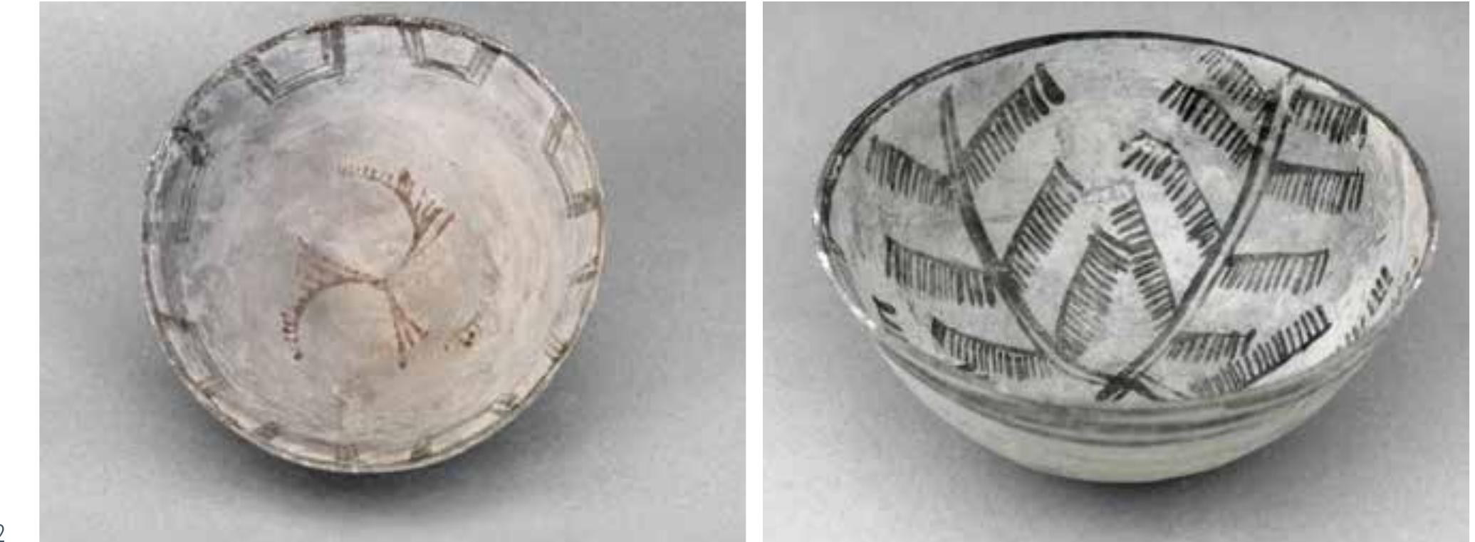 edium-sized bowl with everted rim and concave base. The inner decoration consists of seven vertically hatched, elongated hanging loops. Below, three vertical sets of short horizontal lines alternate with horizontal plant motifs (palms).  Similar examples were collected in the looted graveyards of the Dasht Plain sites dated to Period Illb.  See: Didier 2013, Figs. 66; 70  Doc. No. 0000-785  