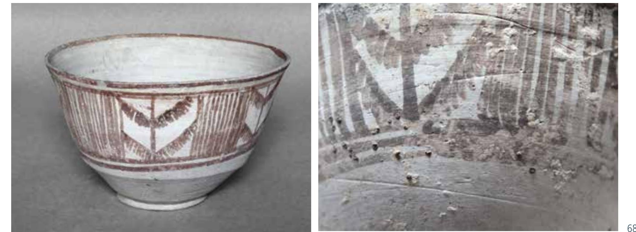 Size (cm): d. (rim) 12.2; d. (base) 4.5; h. 7.6 Small carinated bowl with slightly everted rim and concave ring base. The outer decoration shows five metopes with trees 