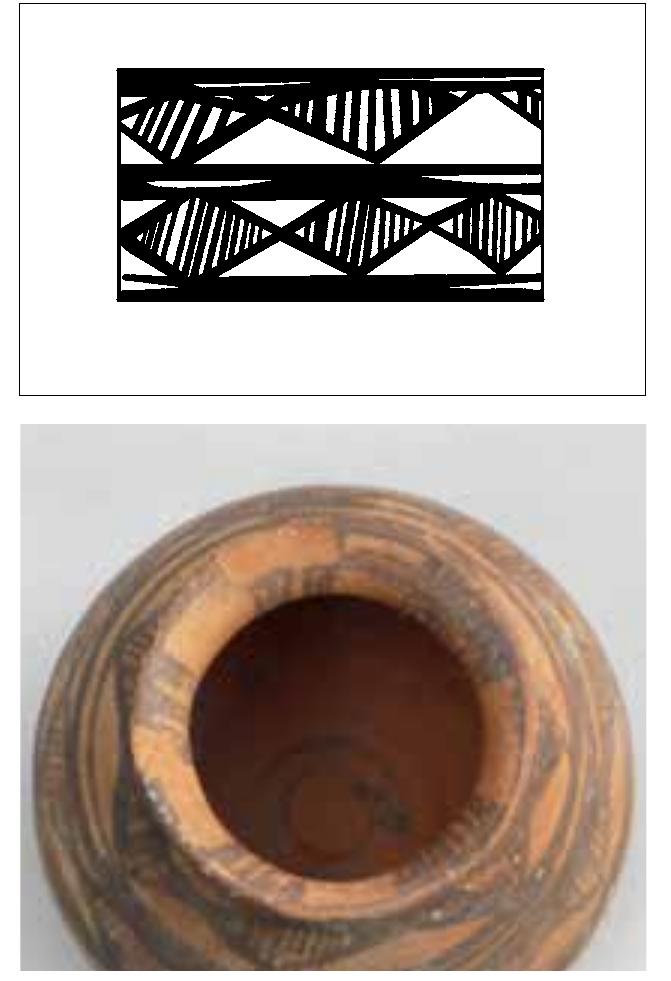 Cat. No. 704  Globular pot  Southwestern Baluchistan (?)  2800-2600 BCE (fine Dasht/Emir IIIb) Earthenware, brownish light red; w/m; thin buff slip  Size (cm): d. (rim) 4.6; d. (base) 3.5; h. 6.7 Miniature pot with outward-turned rim and 